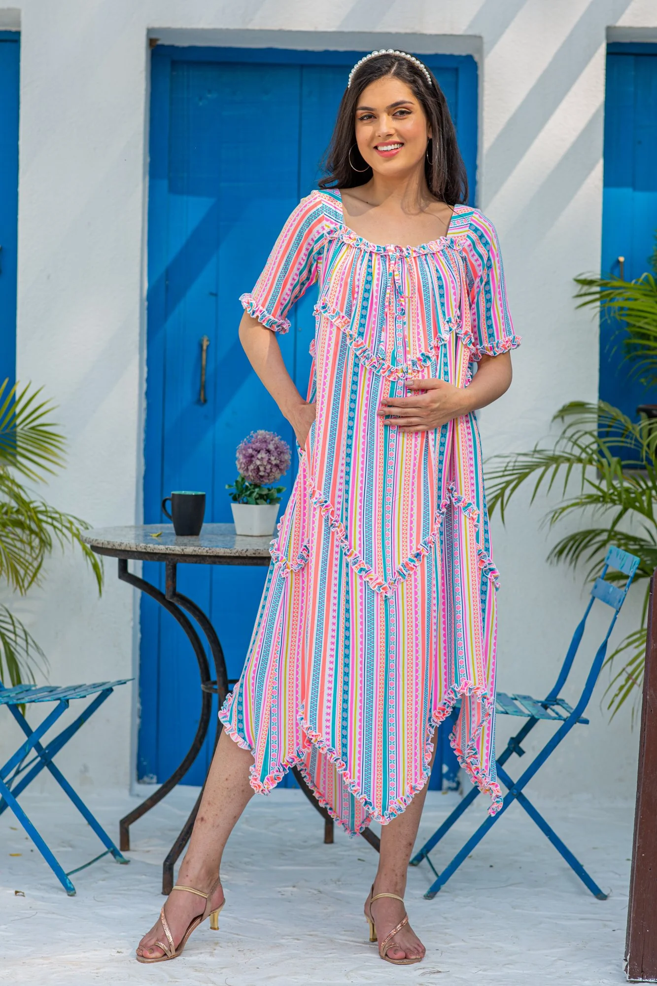 Angelic Vibrant Striped Long Maternity & Nursing Dress - Chenance