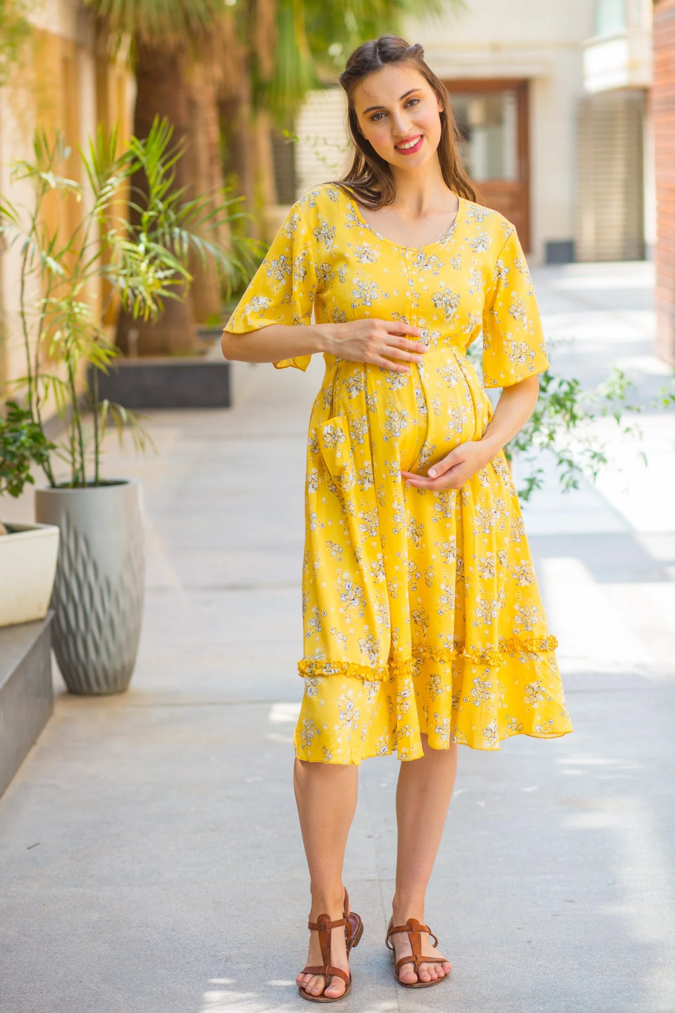 Sunshine Yellow Front Zip Maternity & Nursing Frill Dress - Chenance