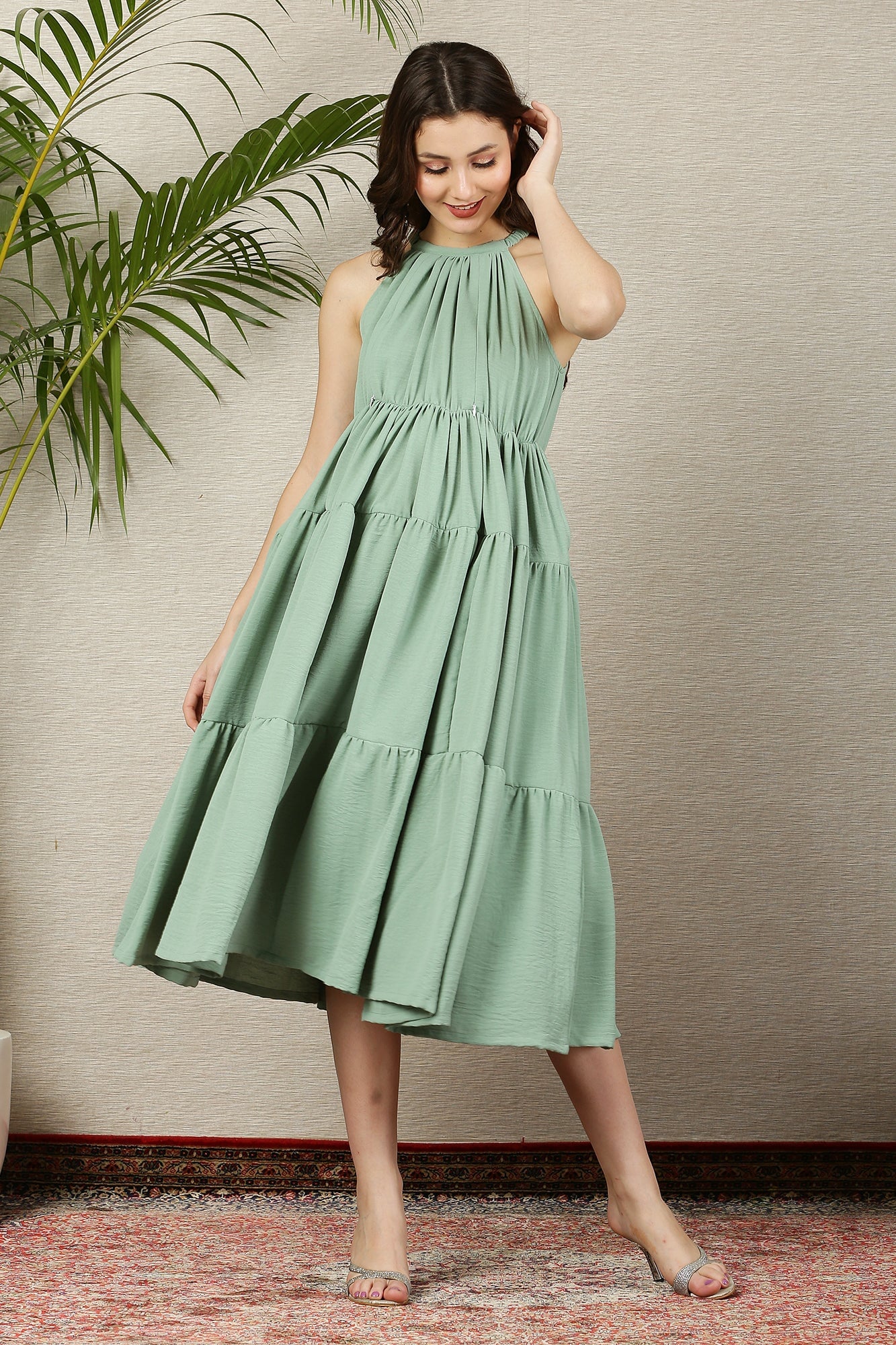 Swing Pistachio Layered Maternity & Nursing Flow Dress - Chenance