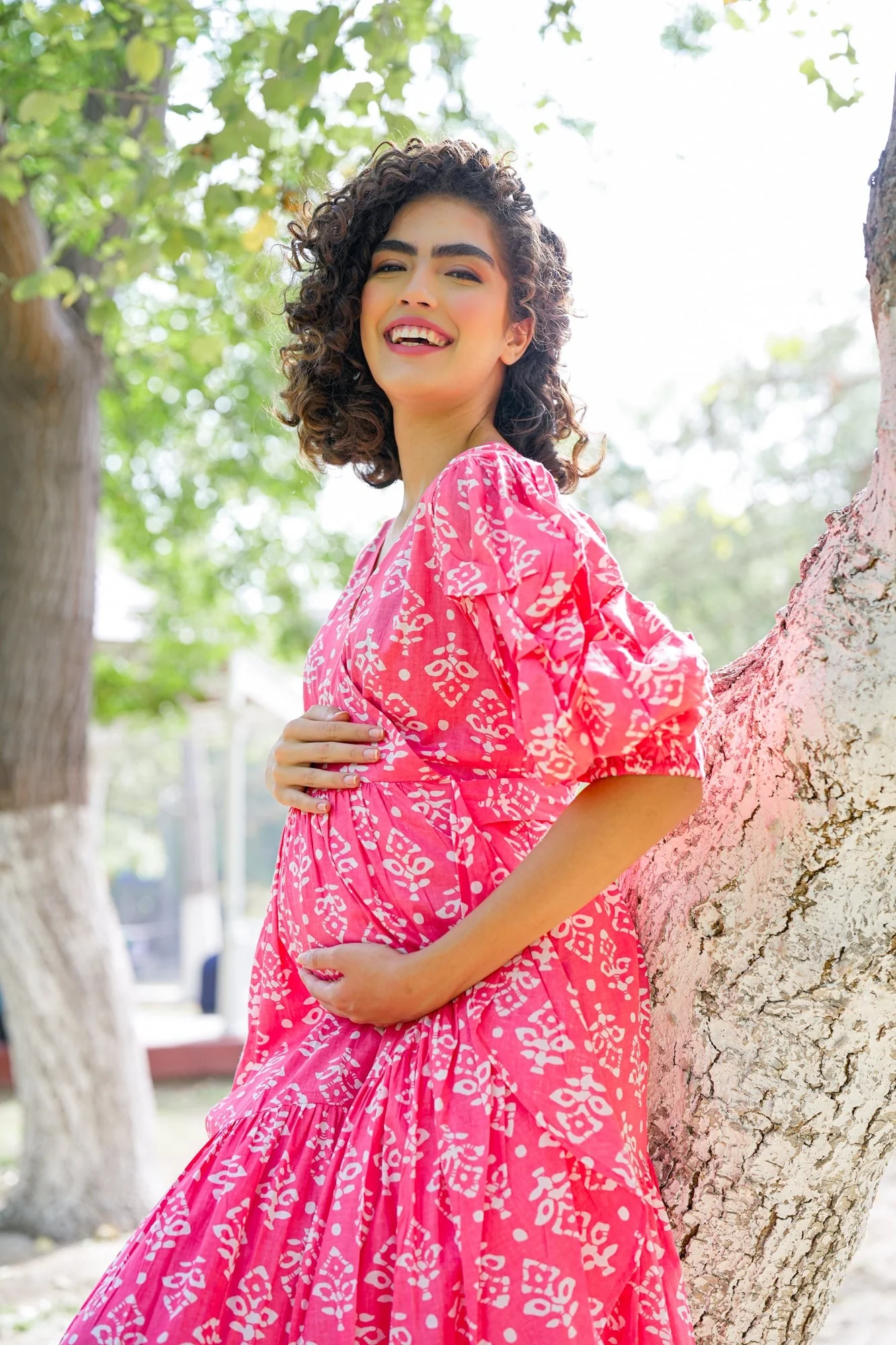 Winsome Baby Pink Maternity & Nursing Frill Wrap Dress (100% Cotton) - Chenance