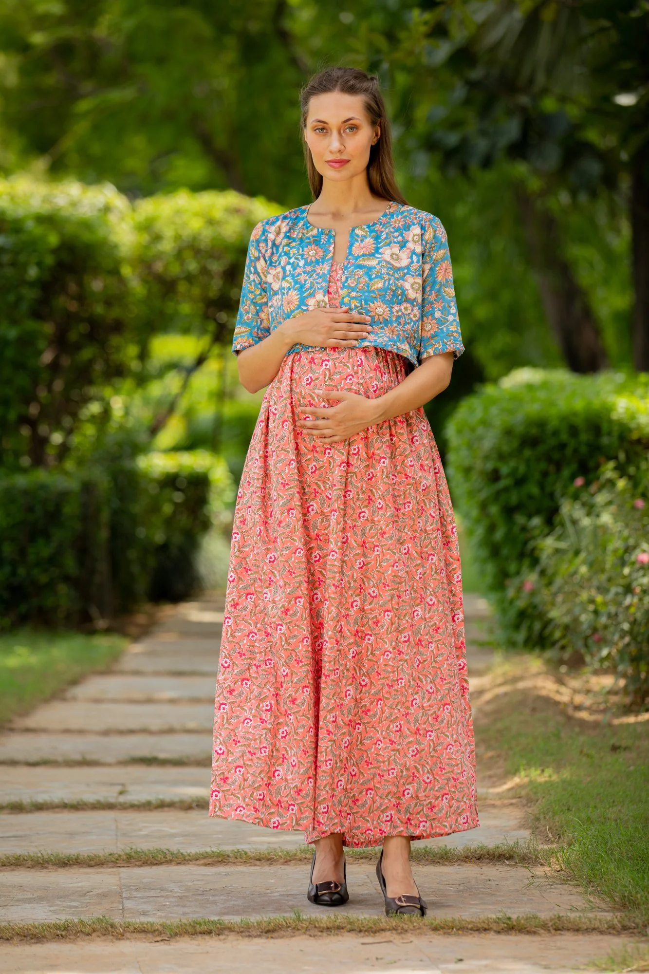 Azure Pink Floral Maternity & Nursing Jacket Dress (Set of 2) - Chenance