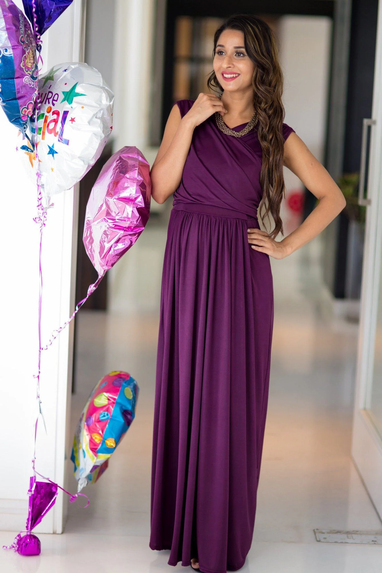 Plum Flowing Sleeveless Maternity & Nursing Wrap Dress - Chenance