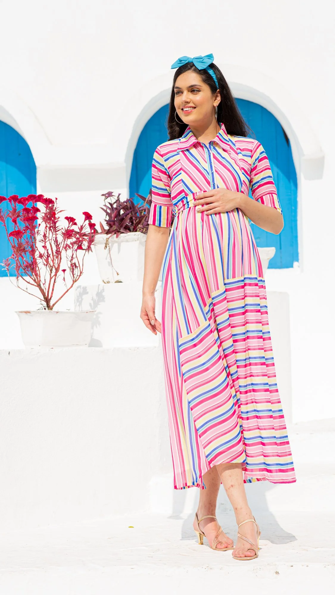 Vibrant Striped Maternity & Nursing Dress - Chenance