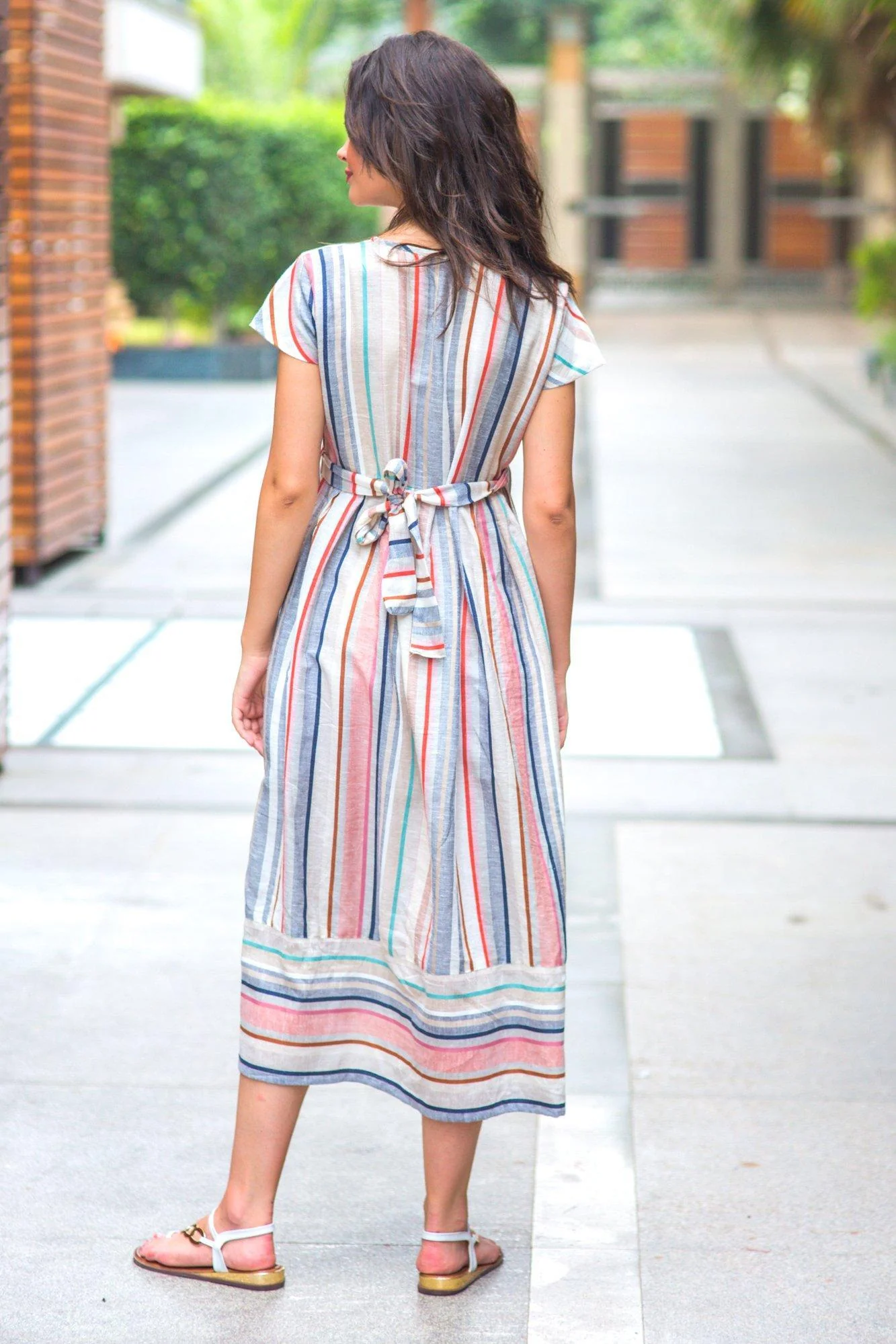 Abstract Striped Linen Maternity & Nursing Dress - Chenance