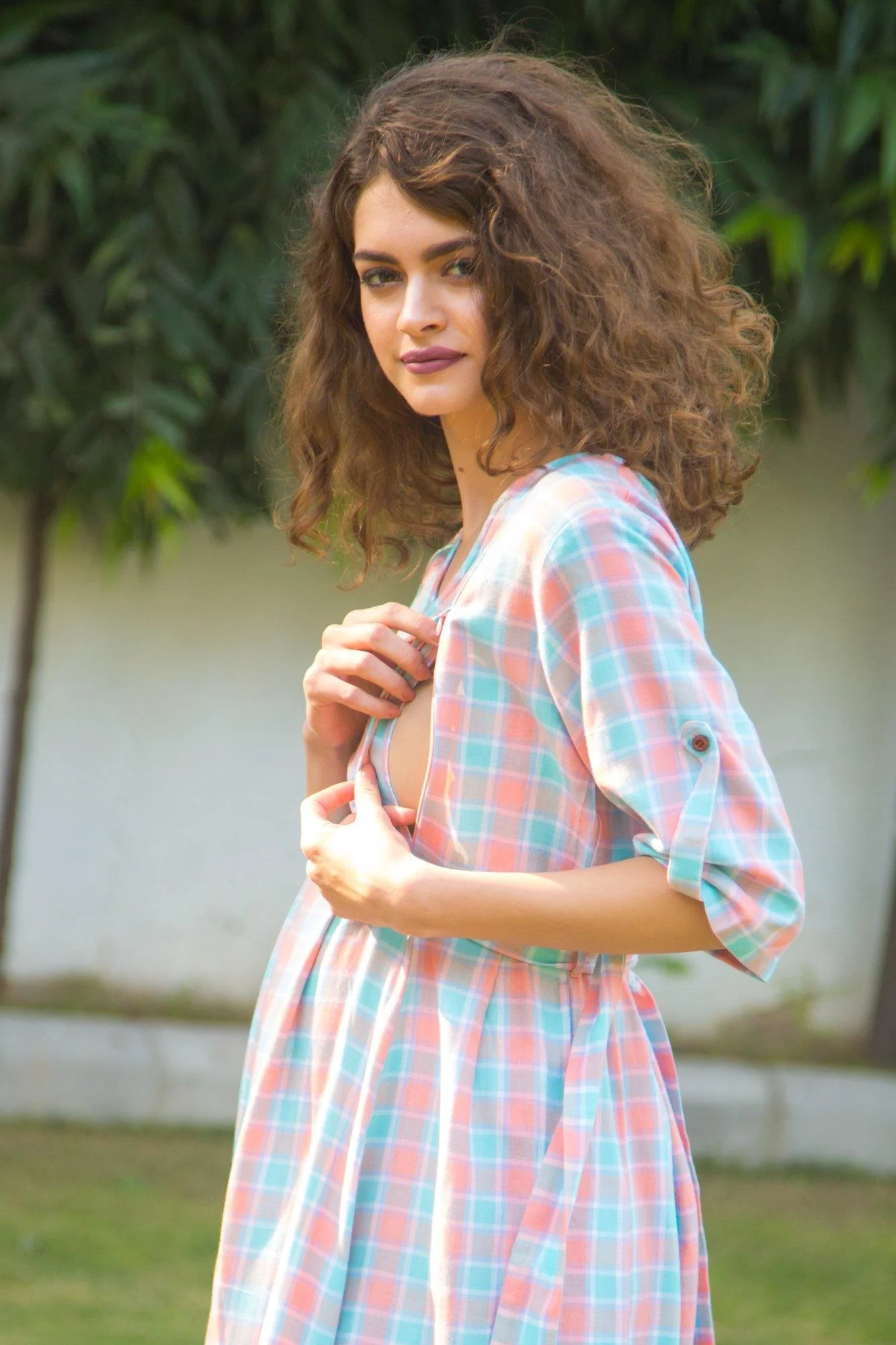 Pastel Pink Plaid Maternity & Nursing Maxi Dress - Chenance