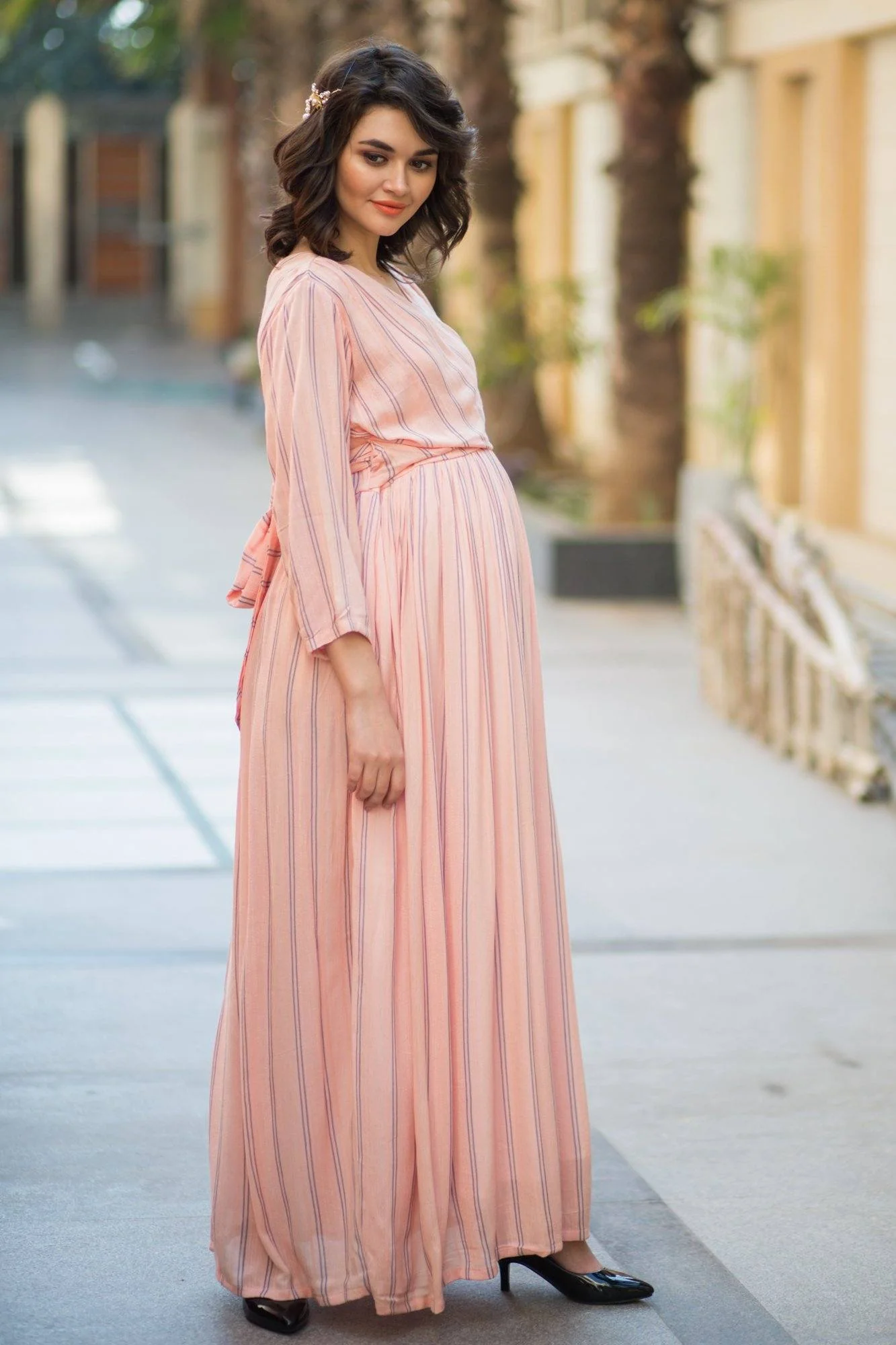 Peach Striped Maternity & Nursing Wrap Dress - Chenance