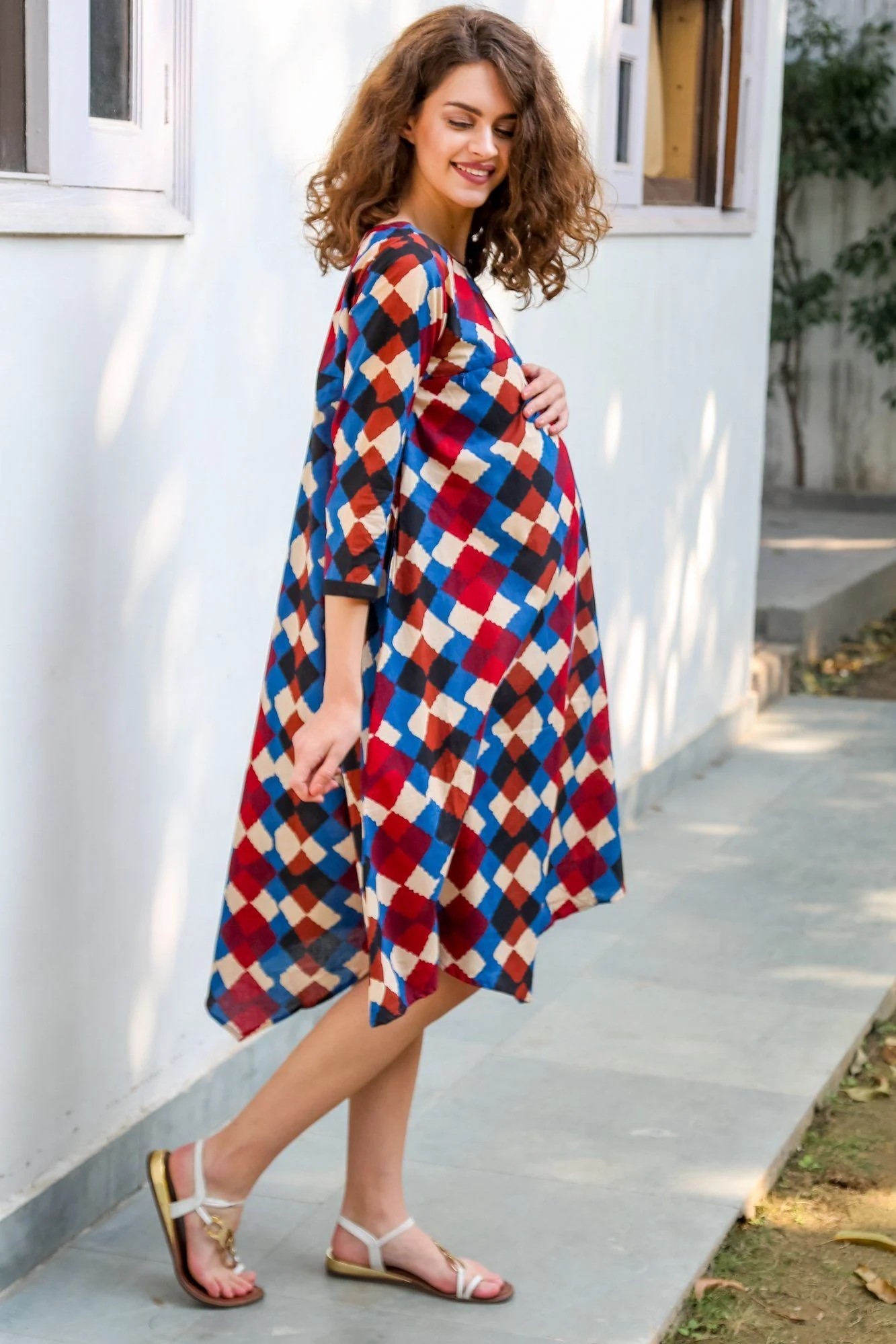 Crimson Abstract Cotton Maternity & Nursing Dress - Chenance