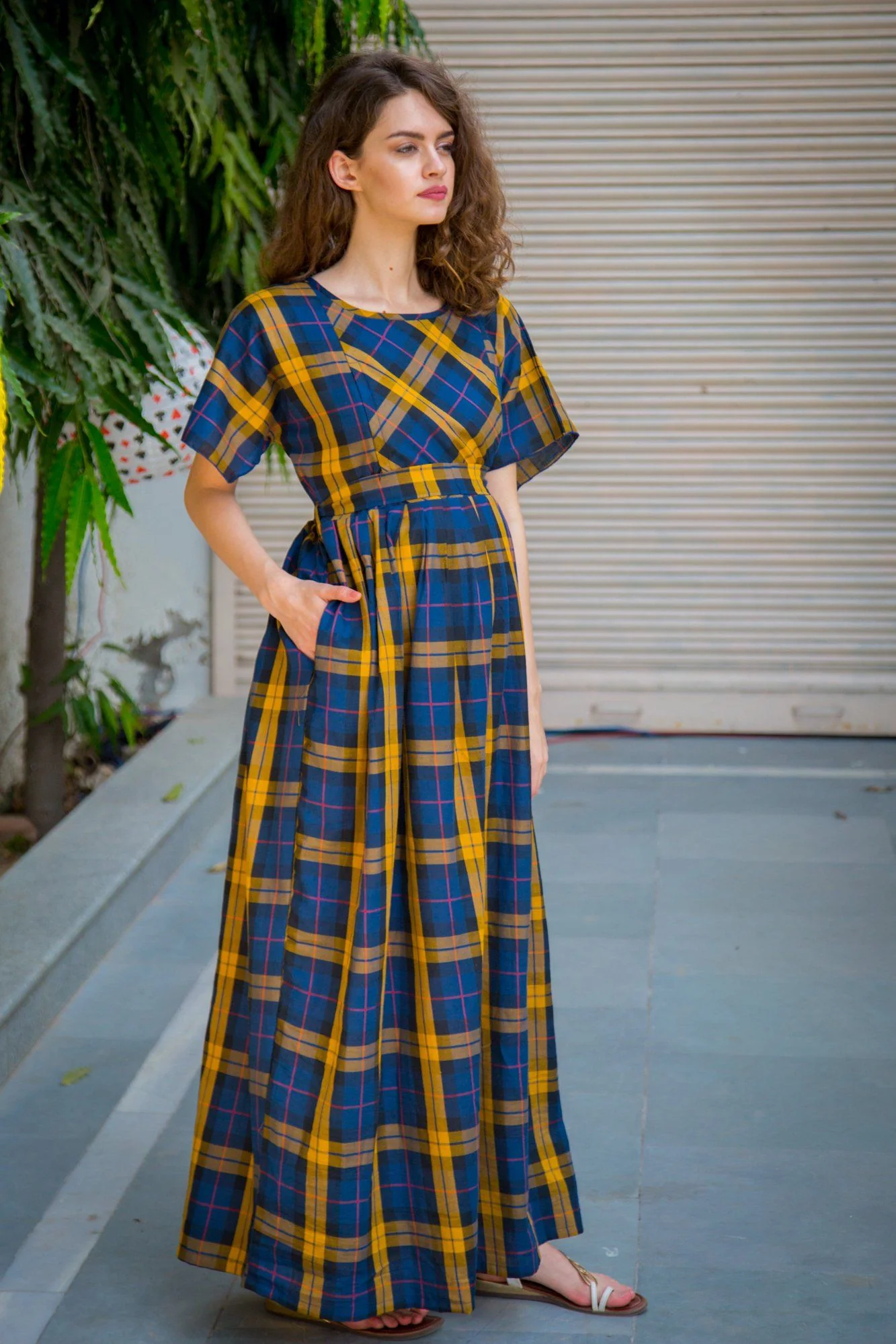 Classic Blue Mustard Plaid Maternity & Nursing Maxi Dress - Chenance