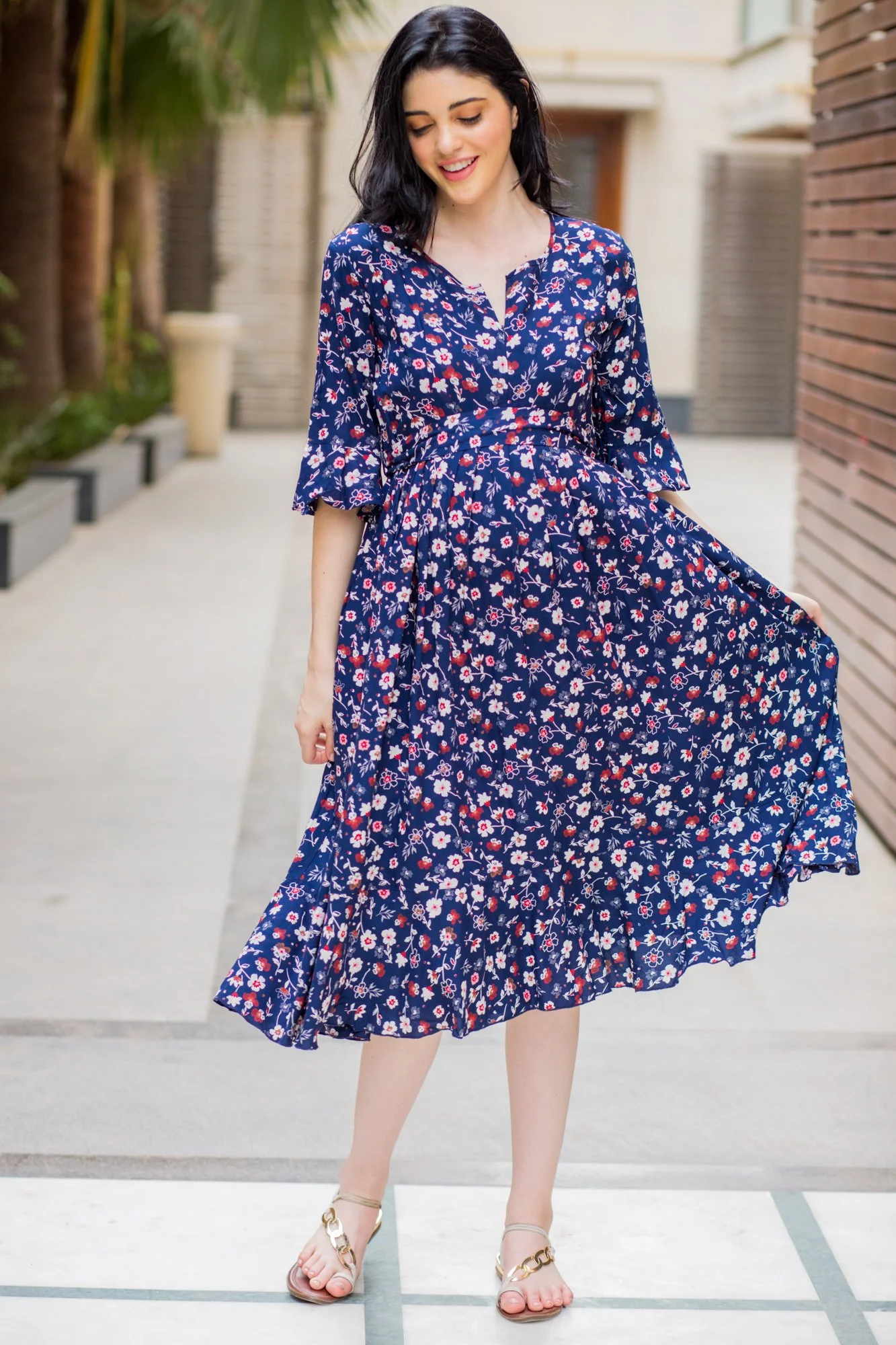 Midnight Blue Maternity & Nursing Front Zip Dress - Chenance