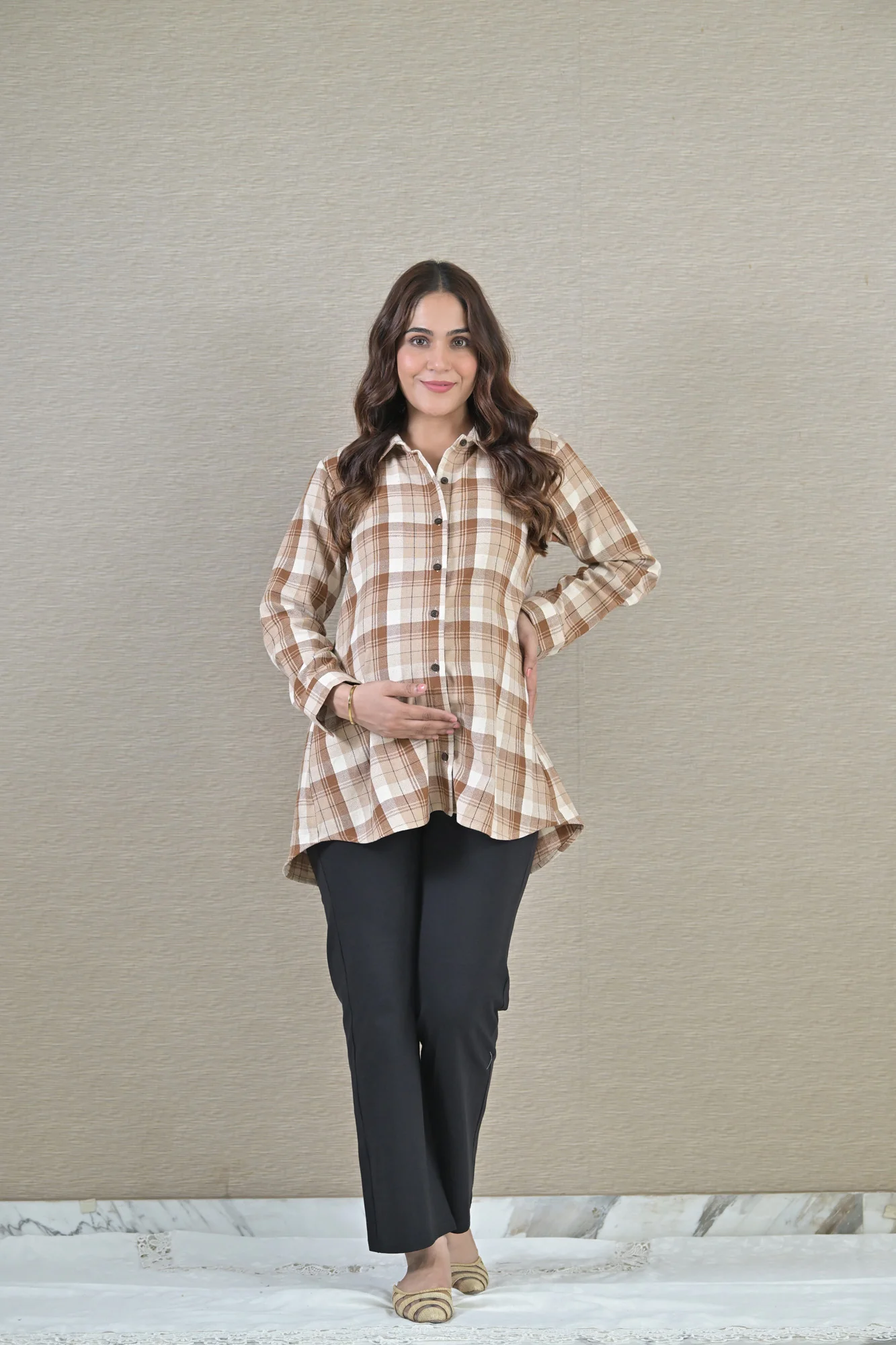 Tan Check Maternity & Nursing Top - Chenance