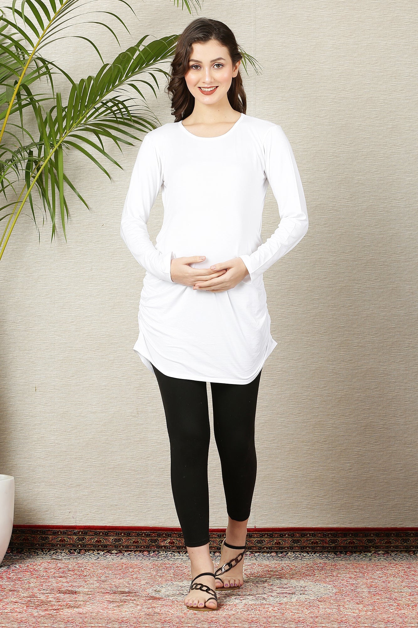 White Long Gathered Maternity Top - Chenance