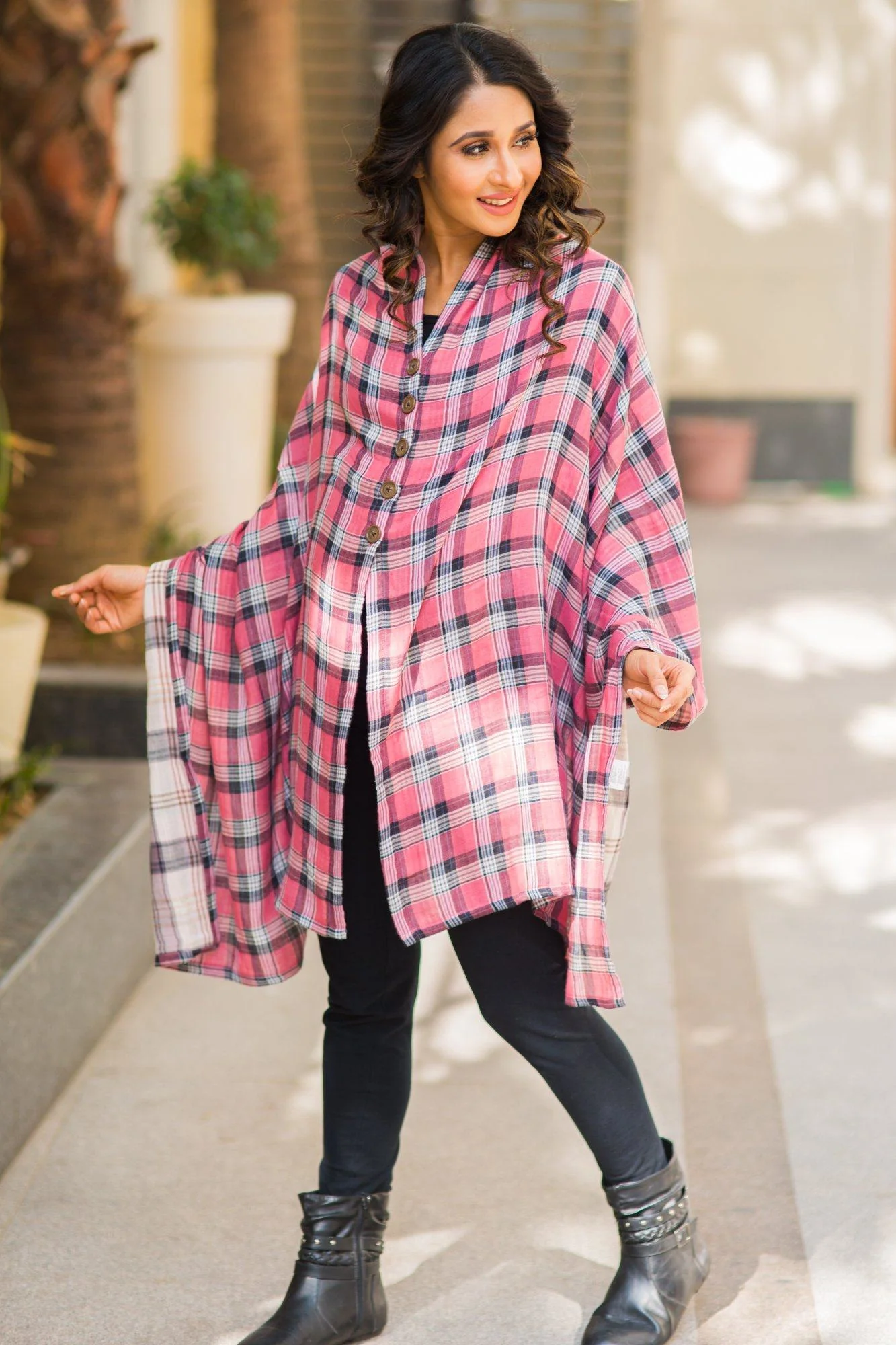 2 in 1 Double Sided Rose Pink Plaid Nursing Stole - Chenance