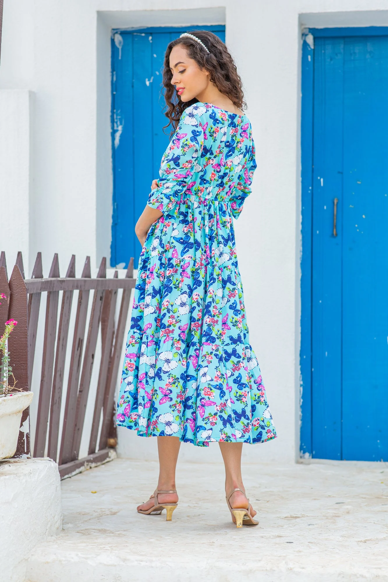Vibrant Flowy Aqua Crepe Maternity & Nursing Dress - Chenance