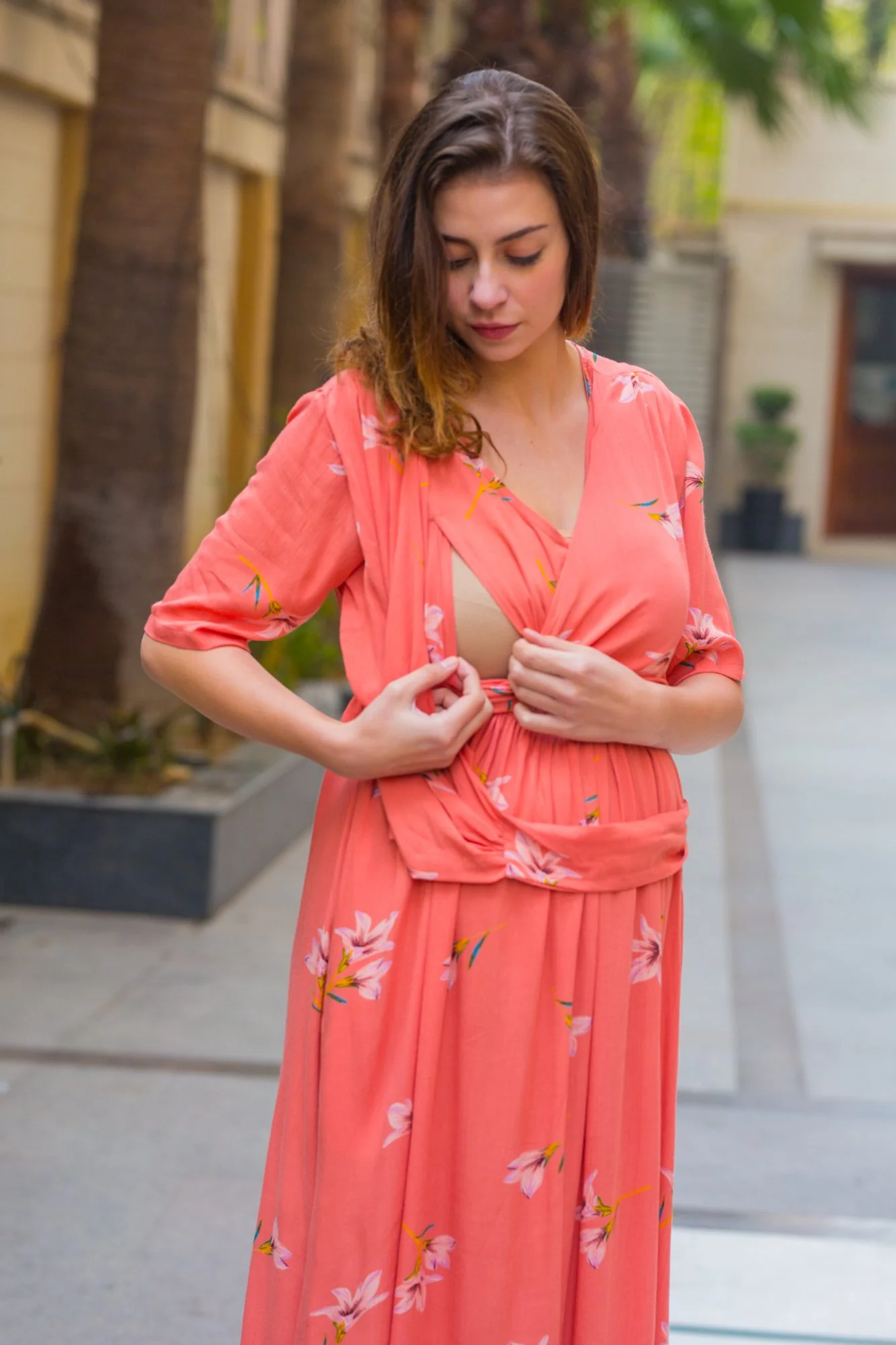 Soothing Coral Maternity & Nursing Wrap Dress - Chenance