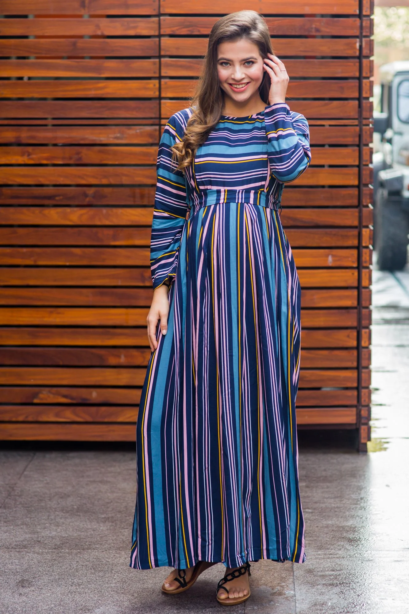 Azure & Peach Soft Viscose Maternity & Nursing Maxi Dress - Chenance