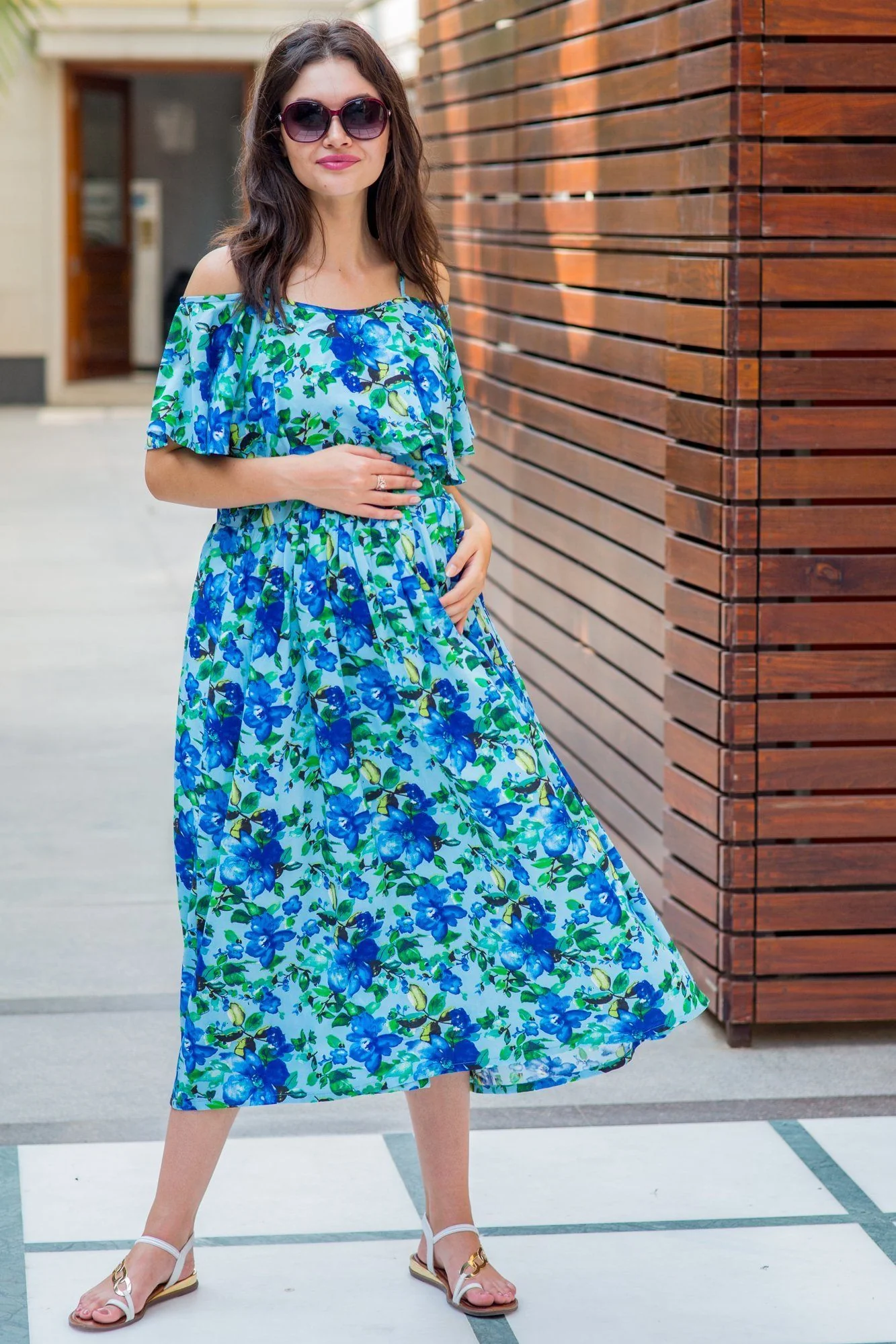 Aqua Leafy Cold Shoulder Maternity & Nursing Maxi - Chenance