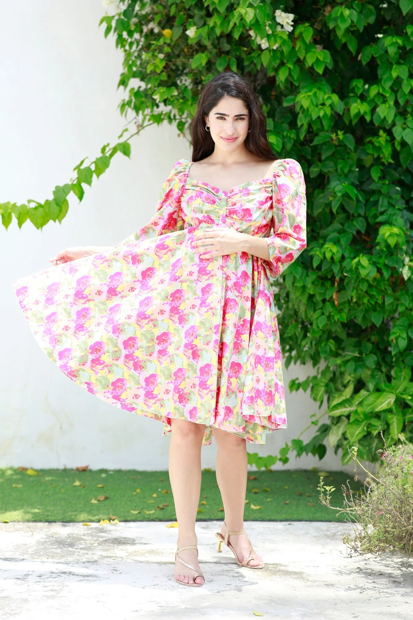 Victoria Flamingo Rosy Pink Maternity Knee Dress (100% Cotton) - Chenance