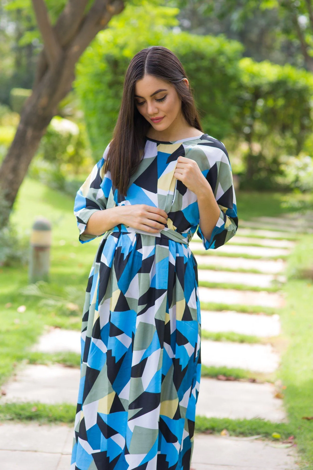 Azure Aztec Concealed Zip Maternity & Nursing Maxi - Chenance