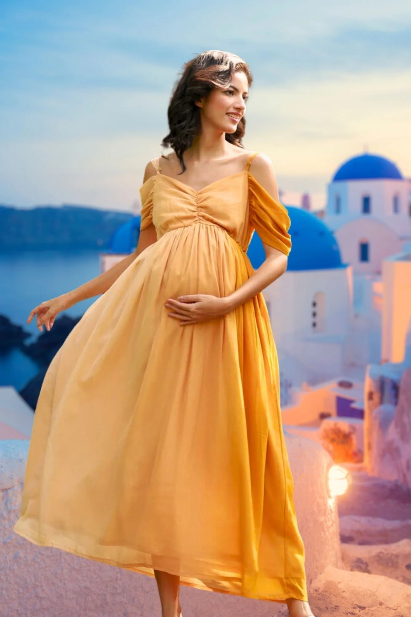 Luxe Appealing Golden Off-Shoulder Maternity Photoshoot Gown - Chenance