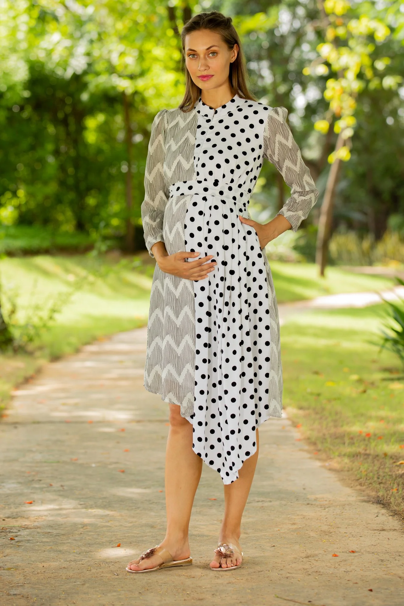 Asymmetrical Zig-Zag High Neck Maternity & Nursing Dress - Chenance