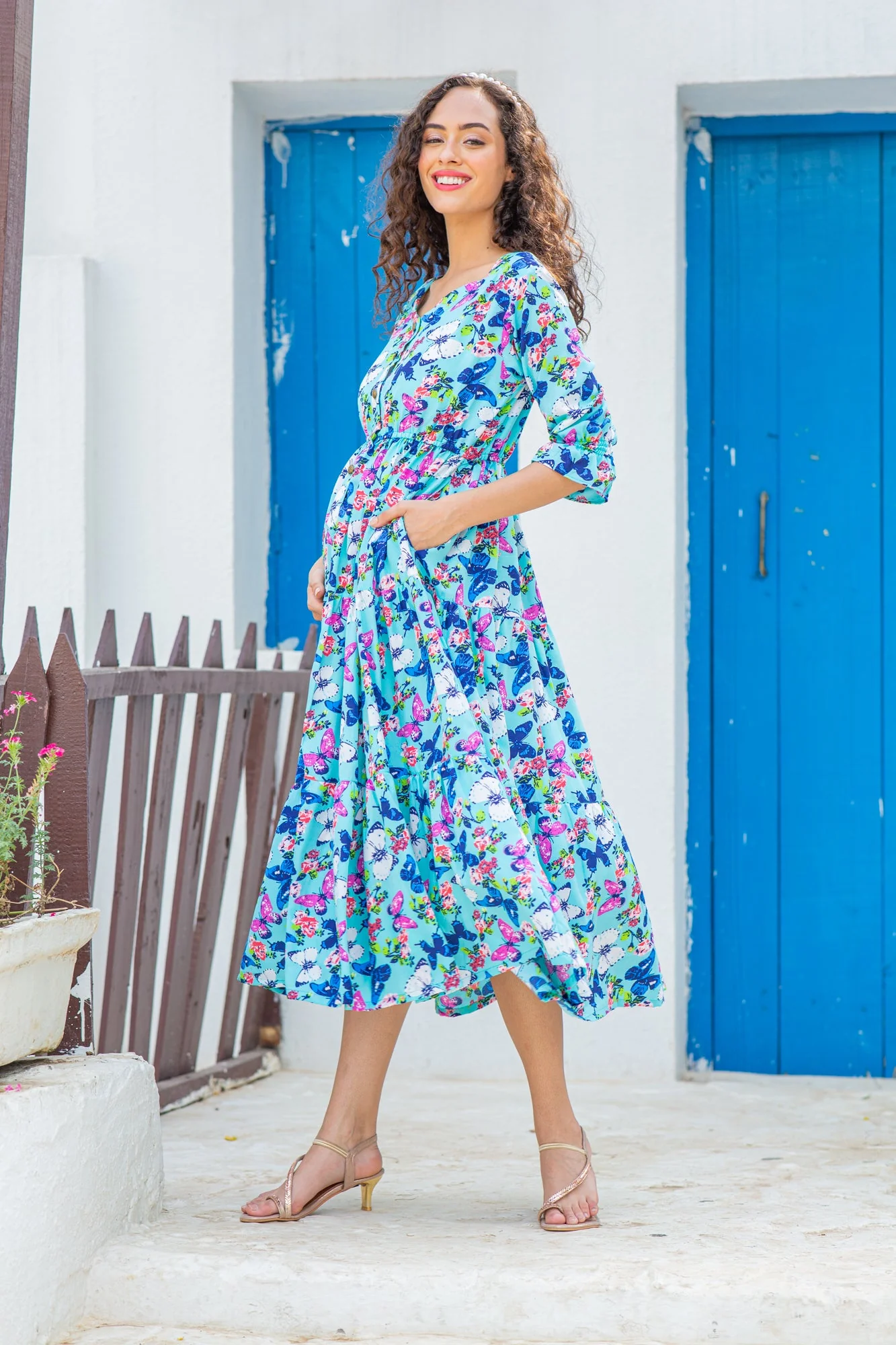 Vibrant Flowy Aqua Crepe Maternity & Nursing Dress - Chenance