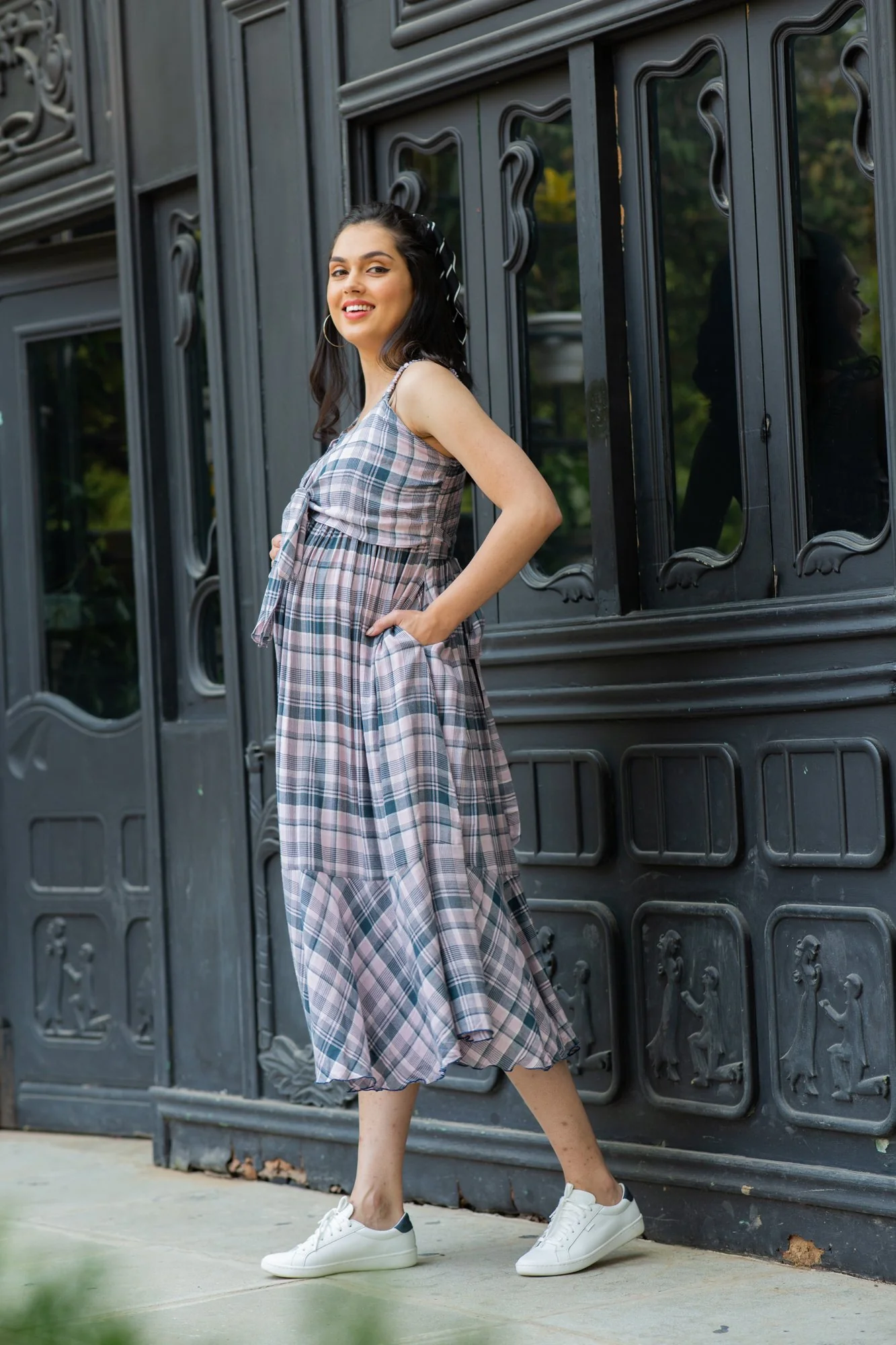 Arctic Plaid Dual Bow Maternity Dress - Chenance
