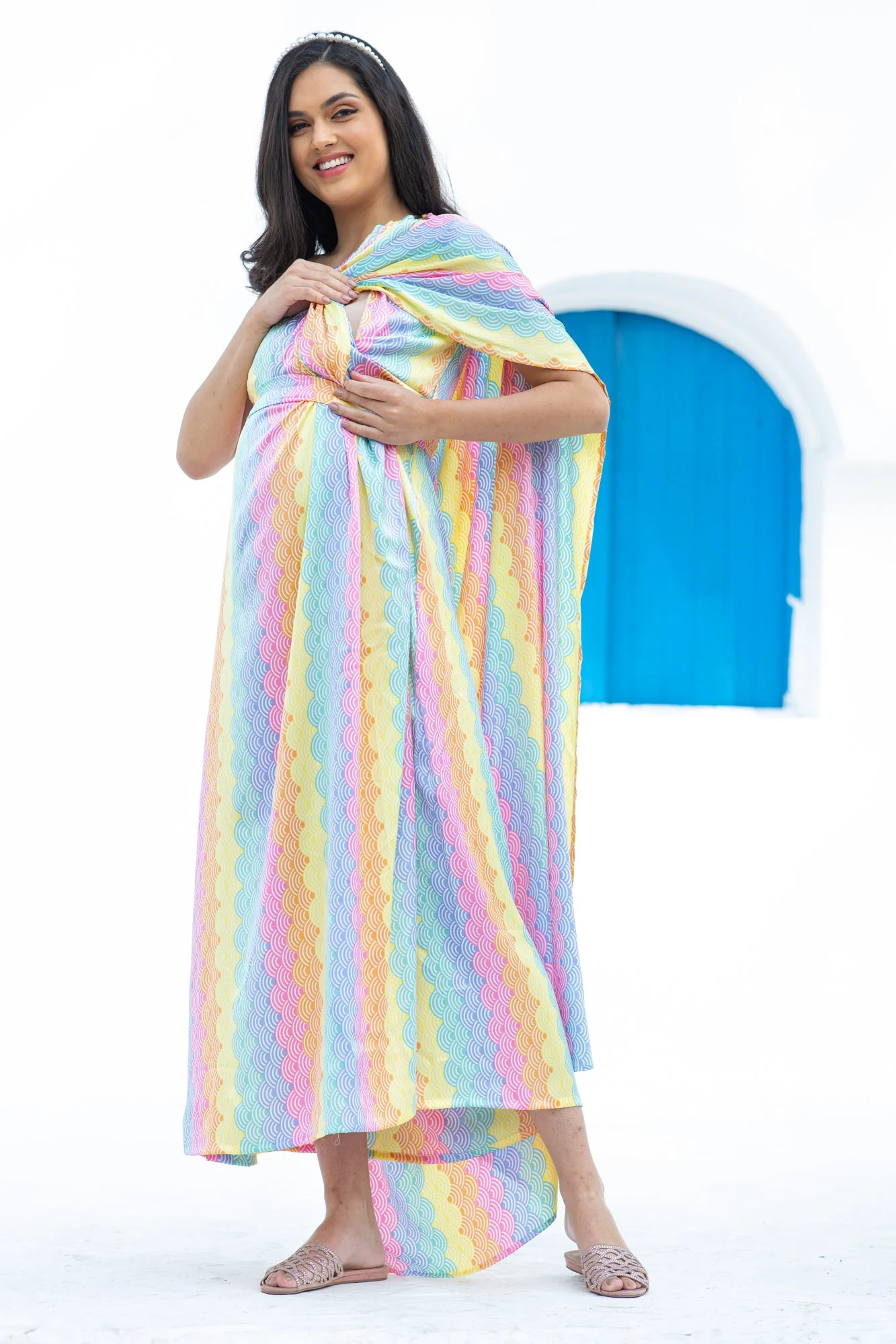 Luxe Rainbow One Shoulder Floral Maternity & Nursing Satin Dress - Chenance