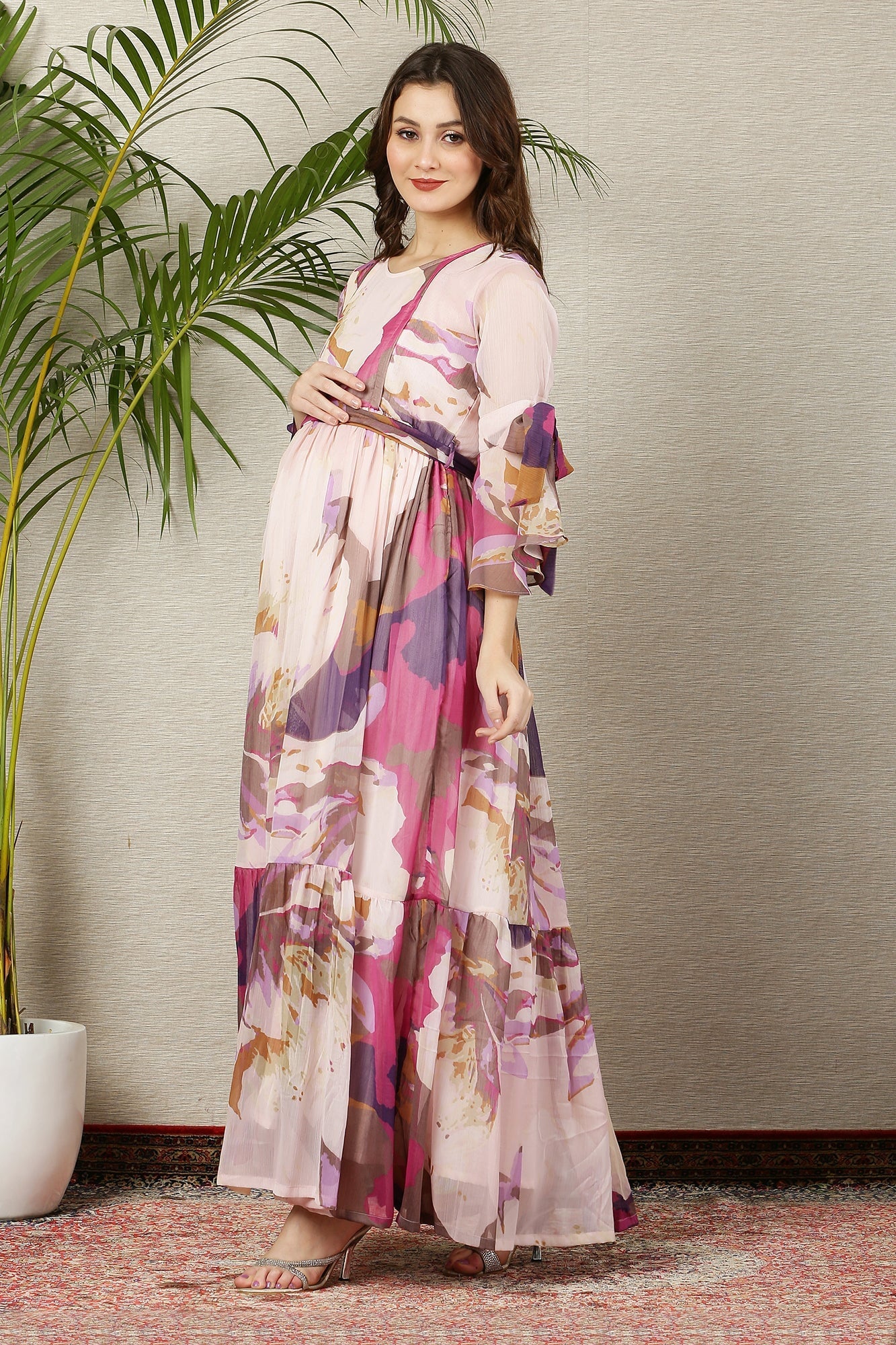 White Cascading Dusty Pinkish Maternity & Nursing Frill Dress - Chenance