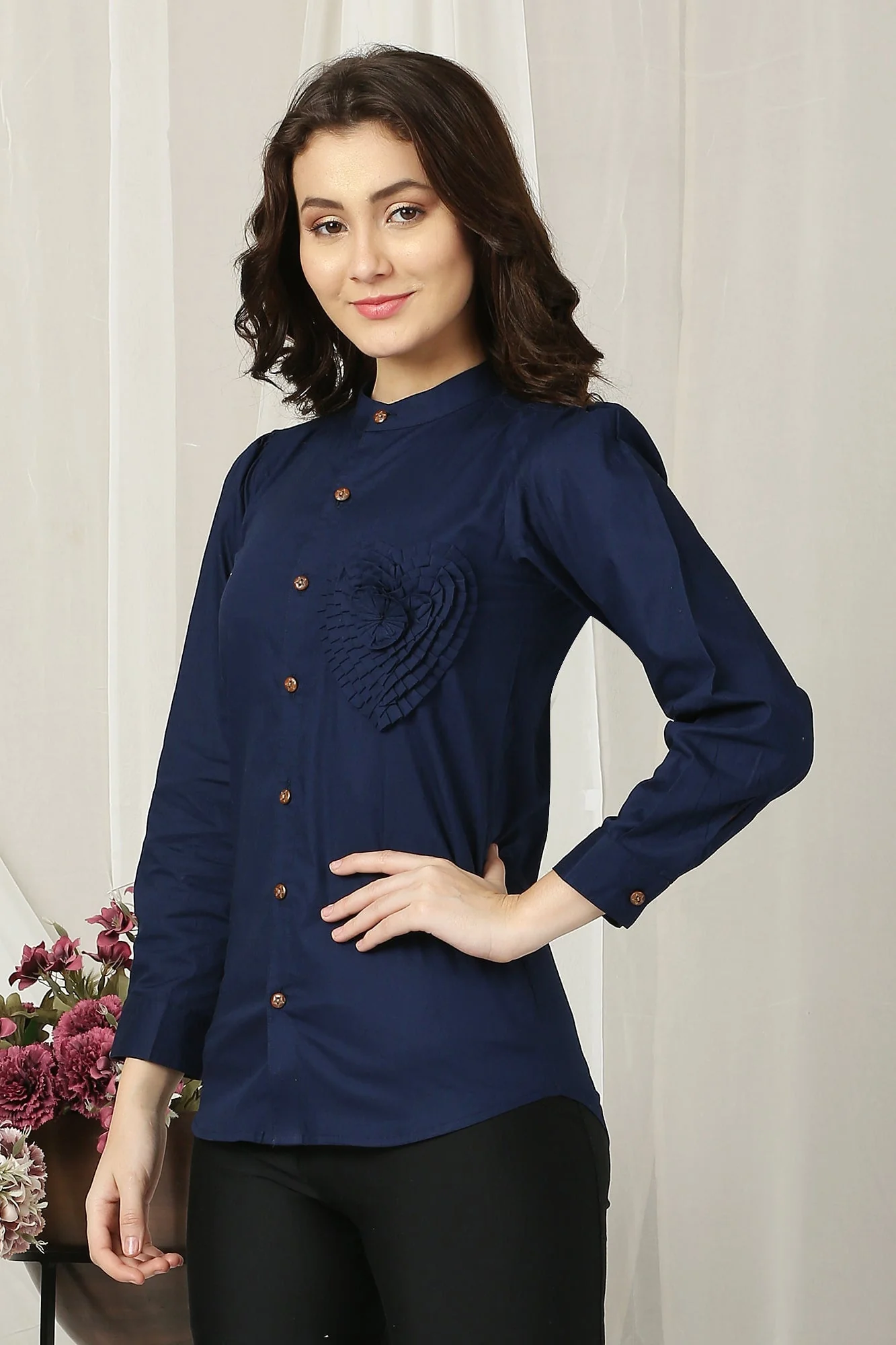 Women French Navy Enrich Shirt (100% Cotton) - Chenance