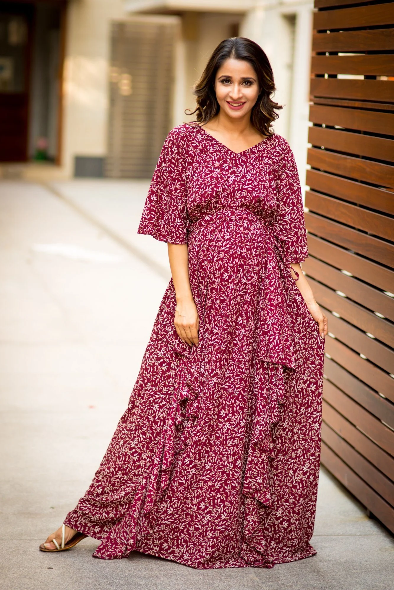Luxe Wine Leafy Bubble Georgette Maternity Dress - Chenance