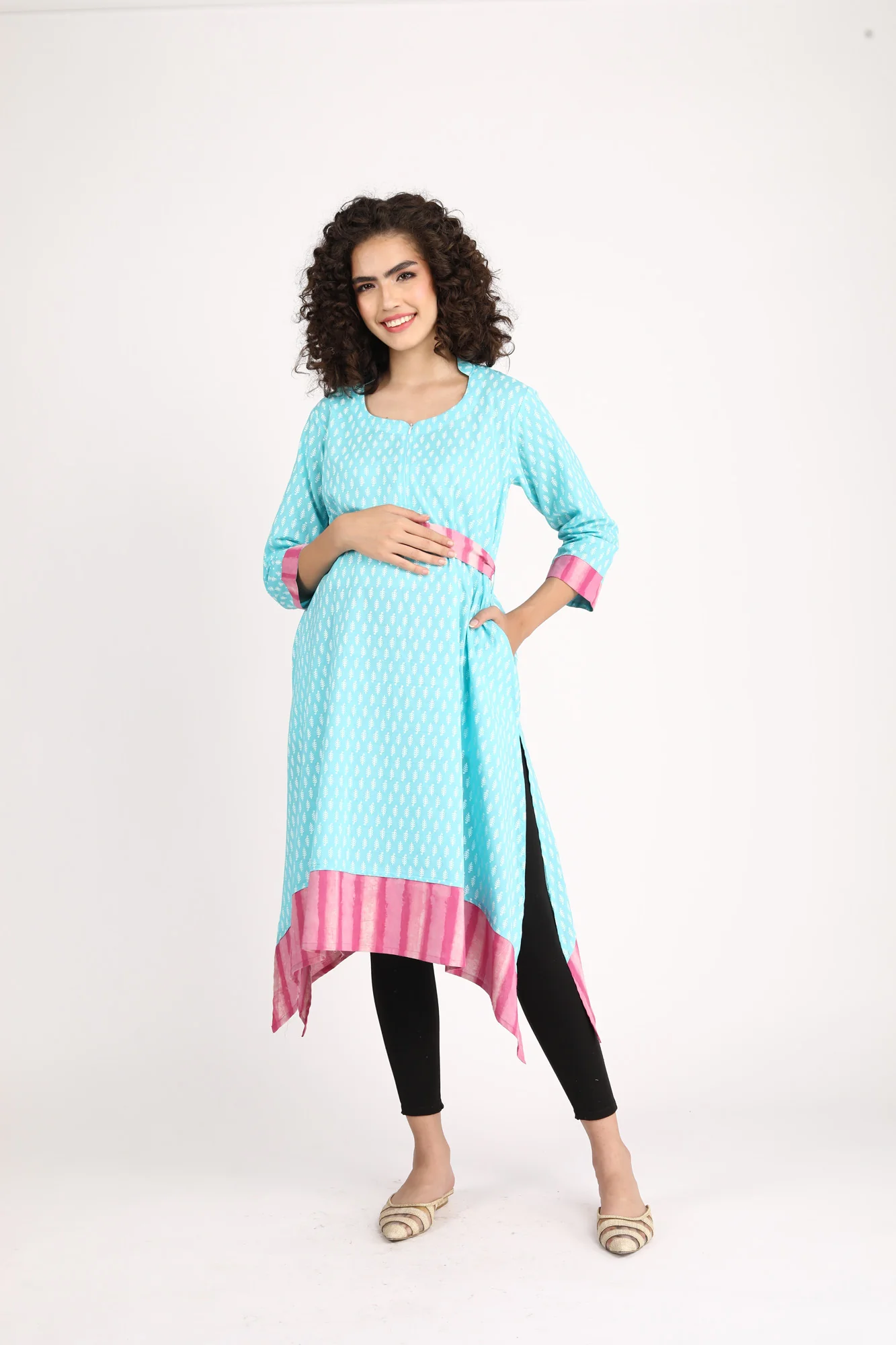 Turquoise Front Zip Nursing Kurta (100% Cotton) - Chenance