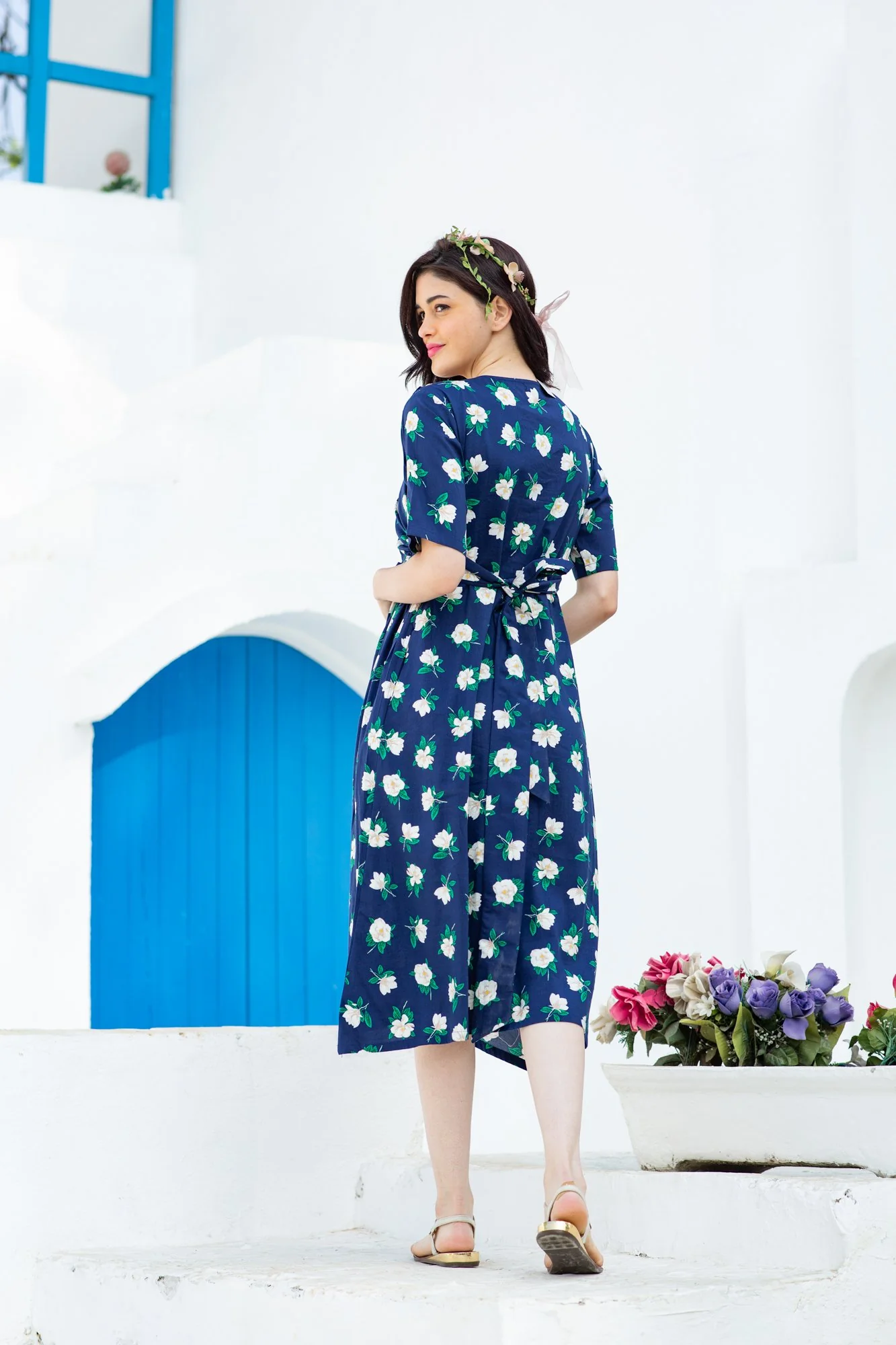 Azure Floral Maternity & Nursing Wrap Midi Dress - Chenance