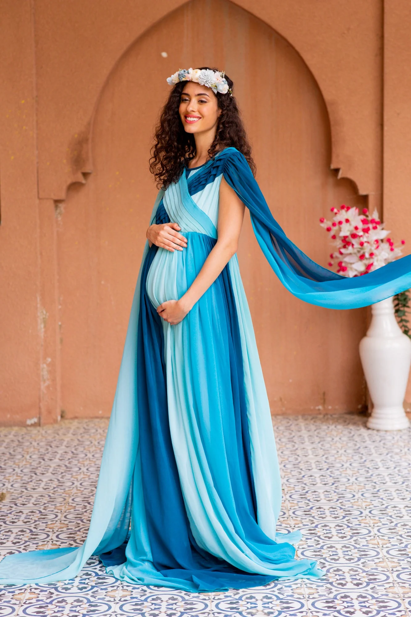 Victoria Blue Monochromatic Maternity Trail Photoshoot Gown - Chenance