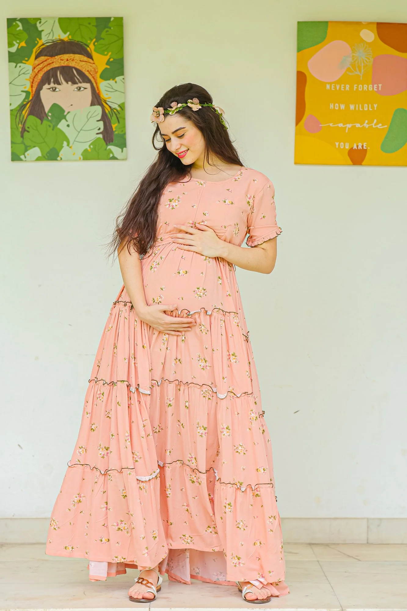 Peach Garden Frill Maternity & Nursing Dress - Chenance