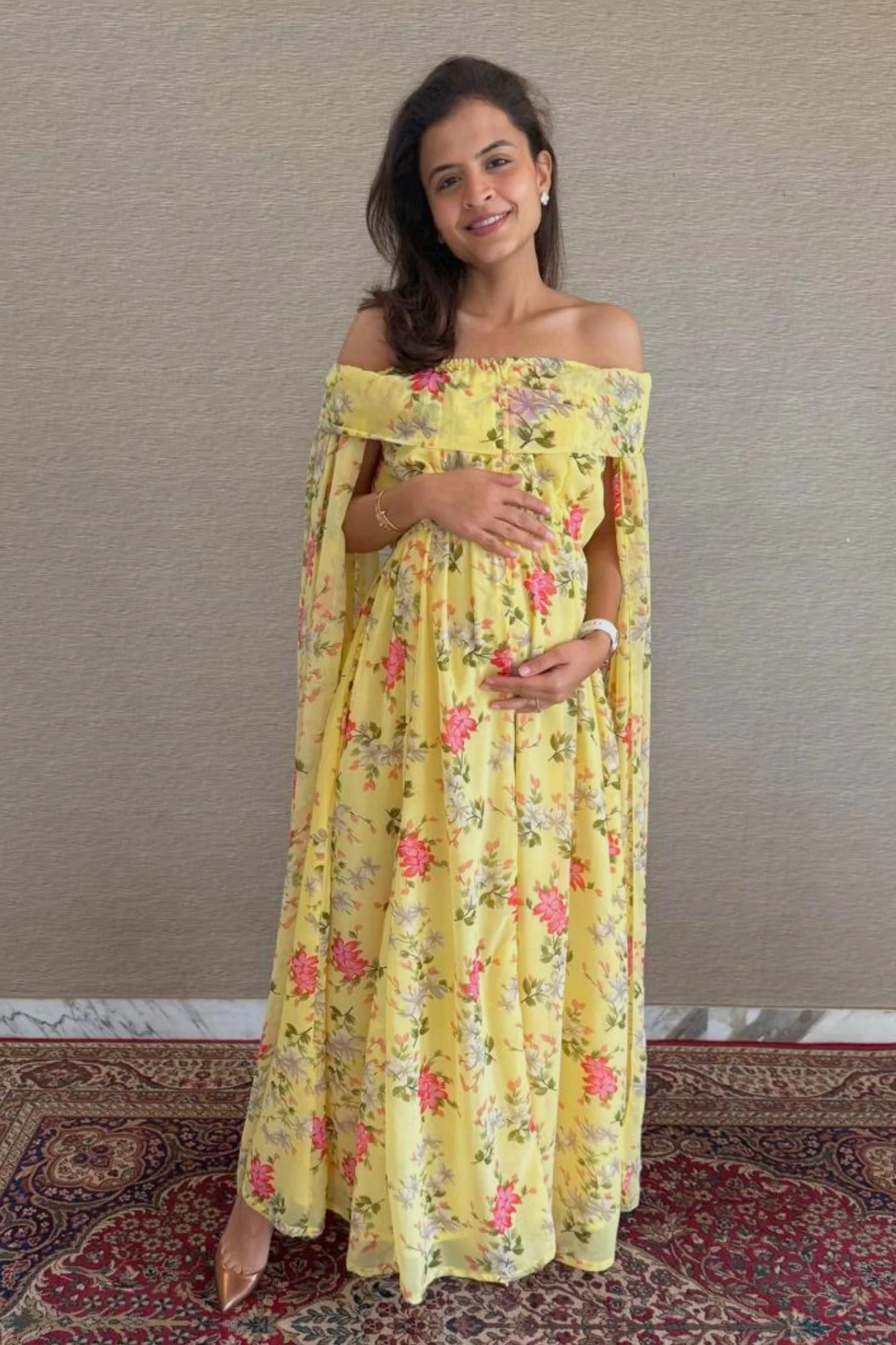 Adorable Yellow Flying Sleeves Maternity & Nursing Dress - Chenance