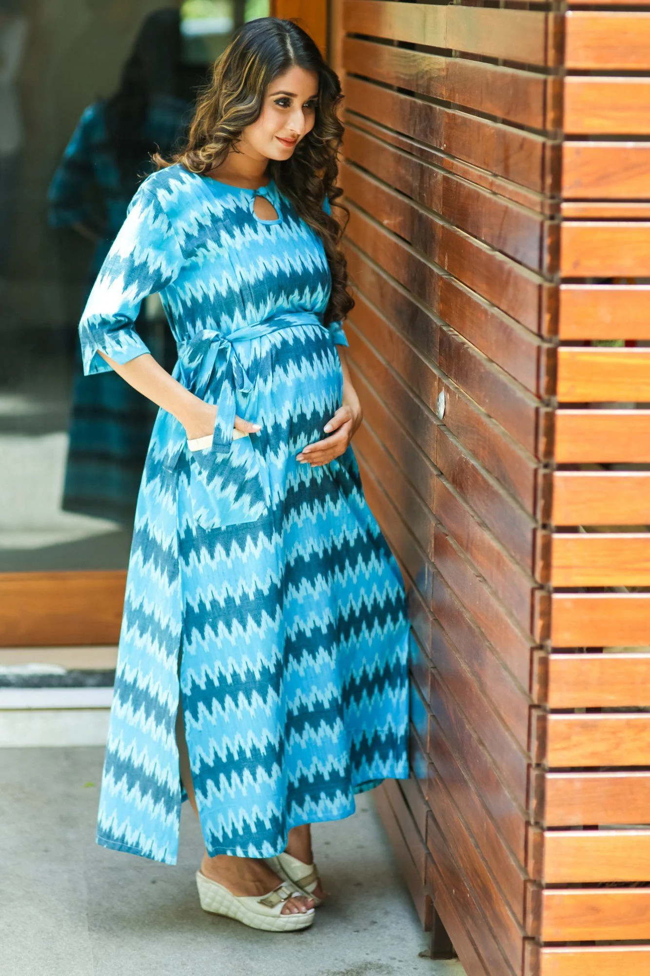 Aqua Ikat Side Slit Concealed Zips Feeding Dress - Chenance