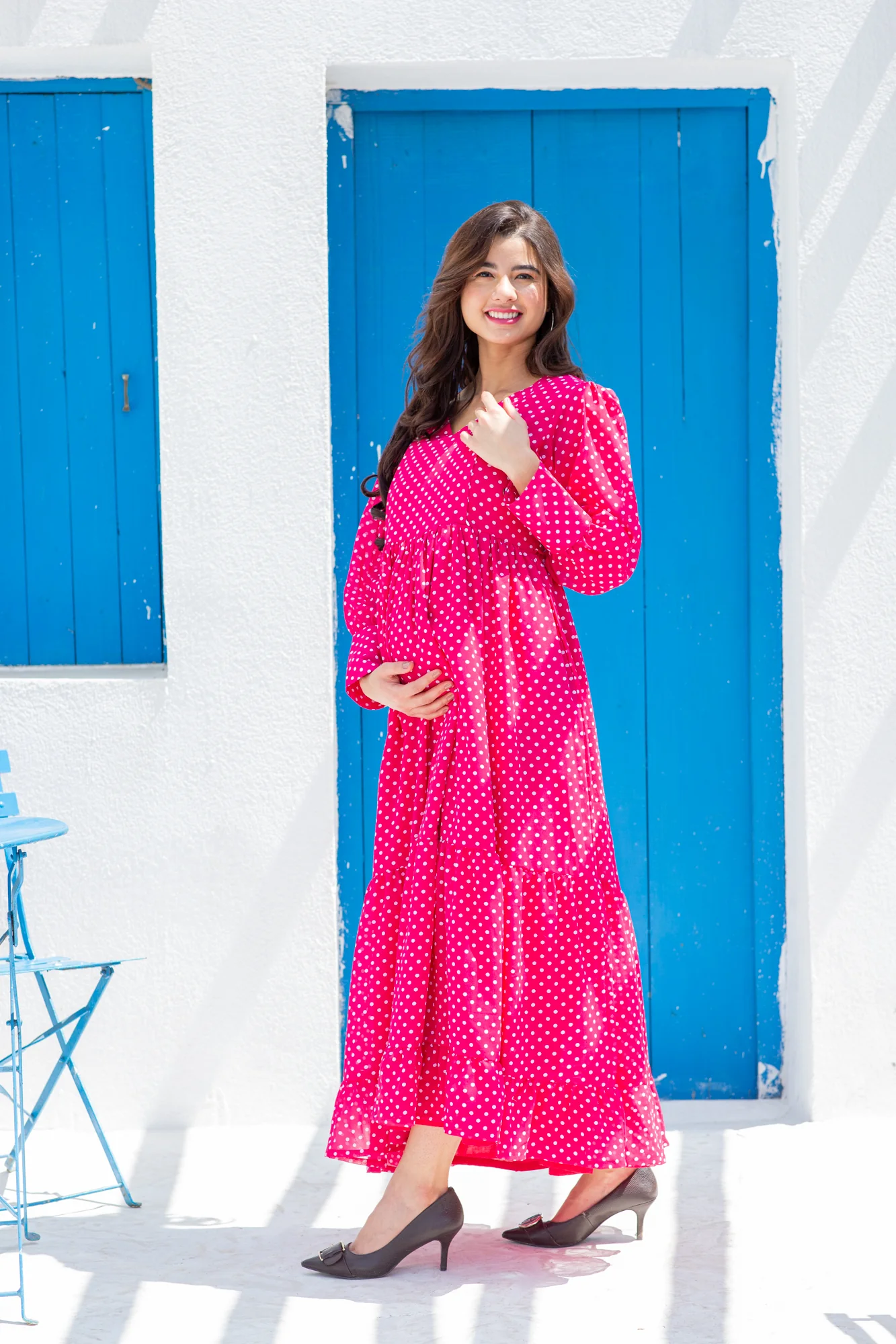 Classy Fuchsia Dotted Maternity And Nursing Dress - Chenance