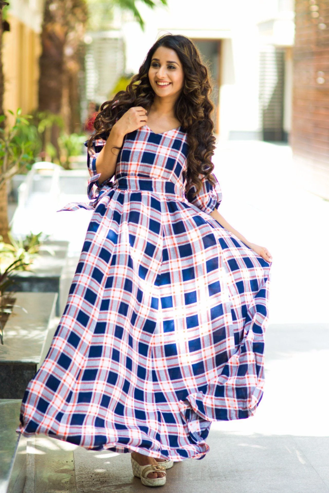 Navy Citrus Plaid Maternity & Nursing Maxi Dress - Chenance