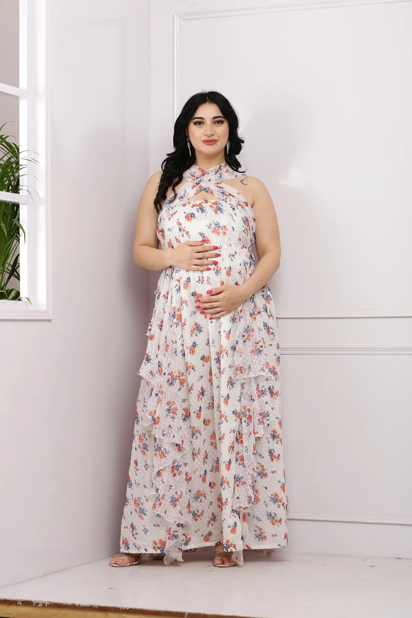Classy Criss Cross Ivory Floral Maternity & Nursing Flow Dress - Chenance