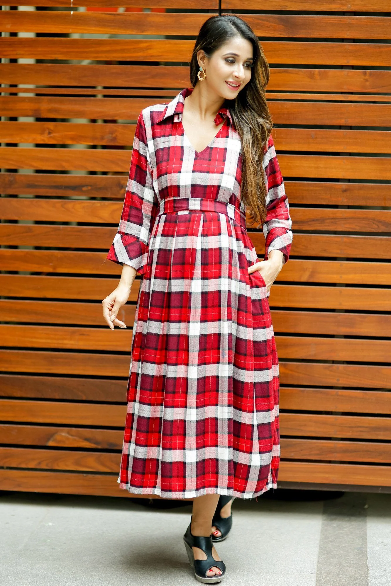 Slick Red Plaid Maternity & Nursing Button Dress - Chenance