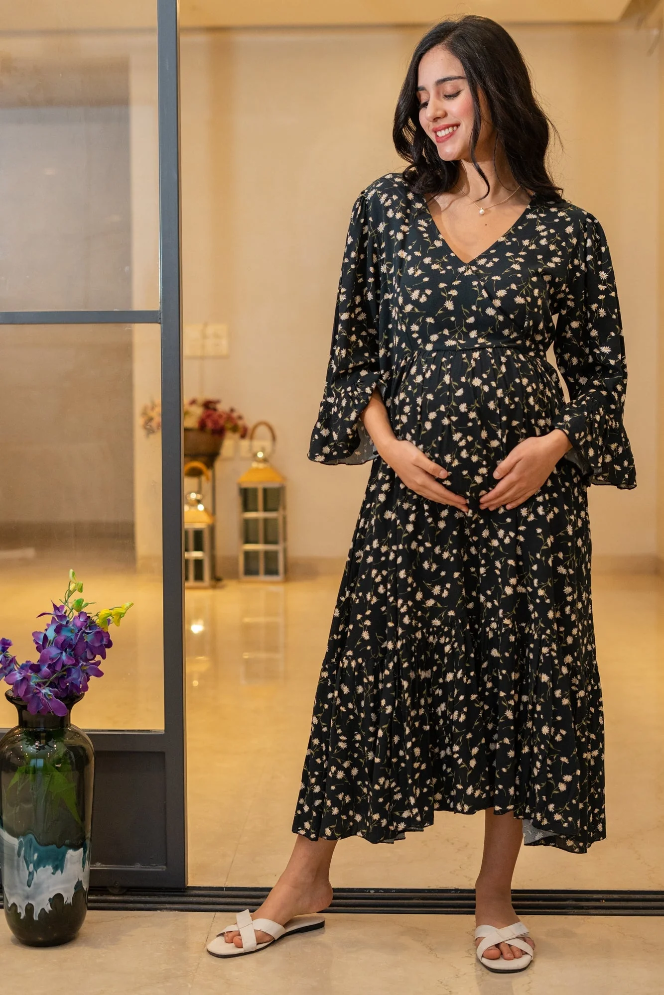 Vivacious Rich Black Floral Maternity & Nursing Midi Wrap Dress - Chenance