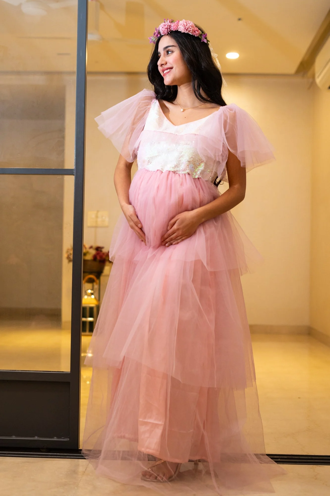 Alluring Blush Pink Maternity Sequence Layered Dress - Chenance