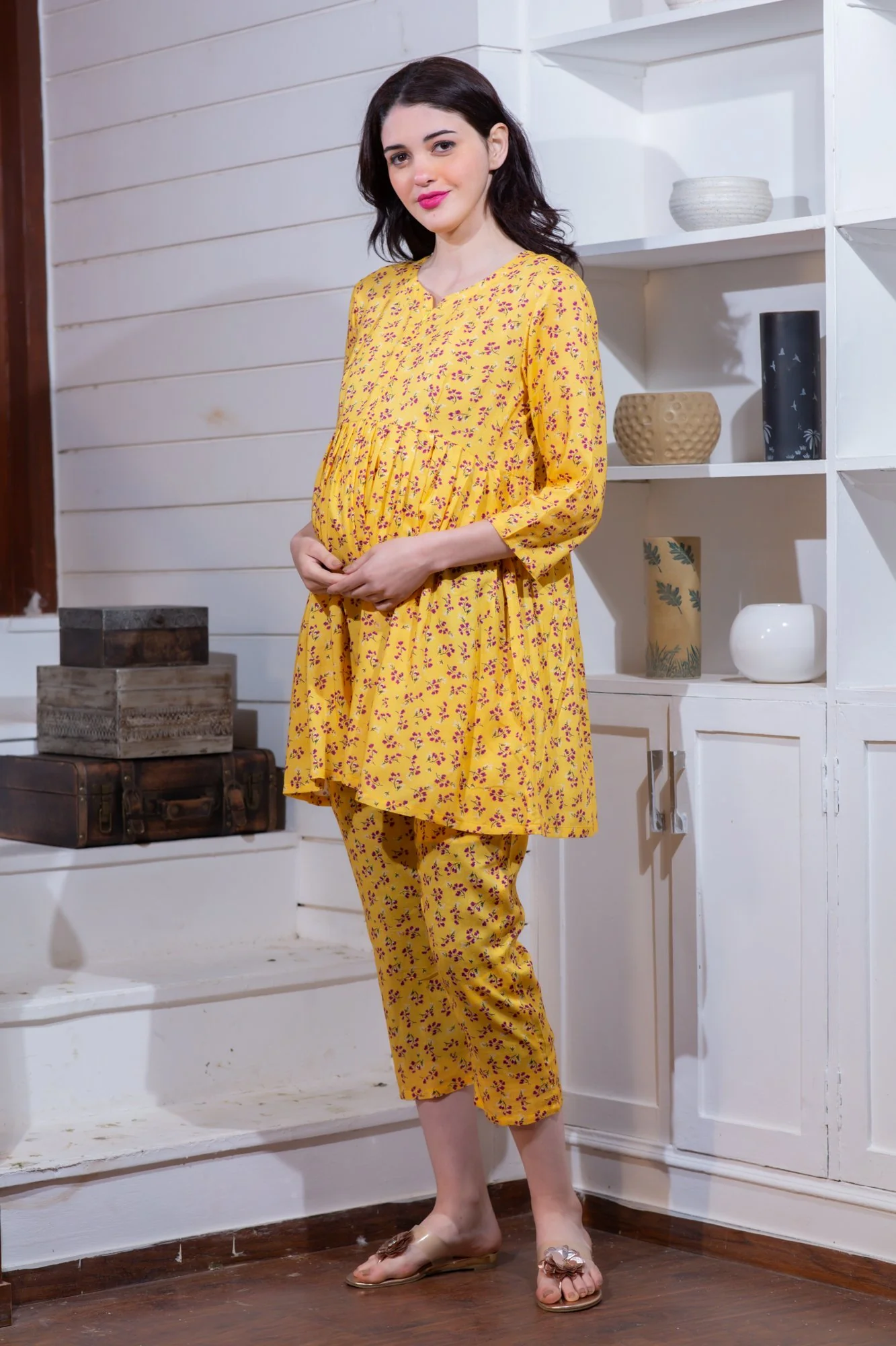 Angelic Yellow Maternity & Nursing Night Suit Set - Chenance