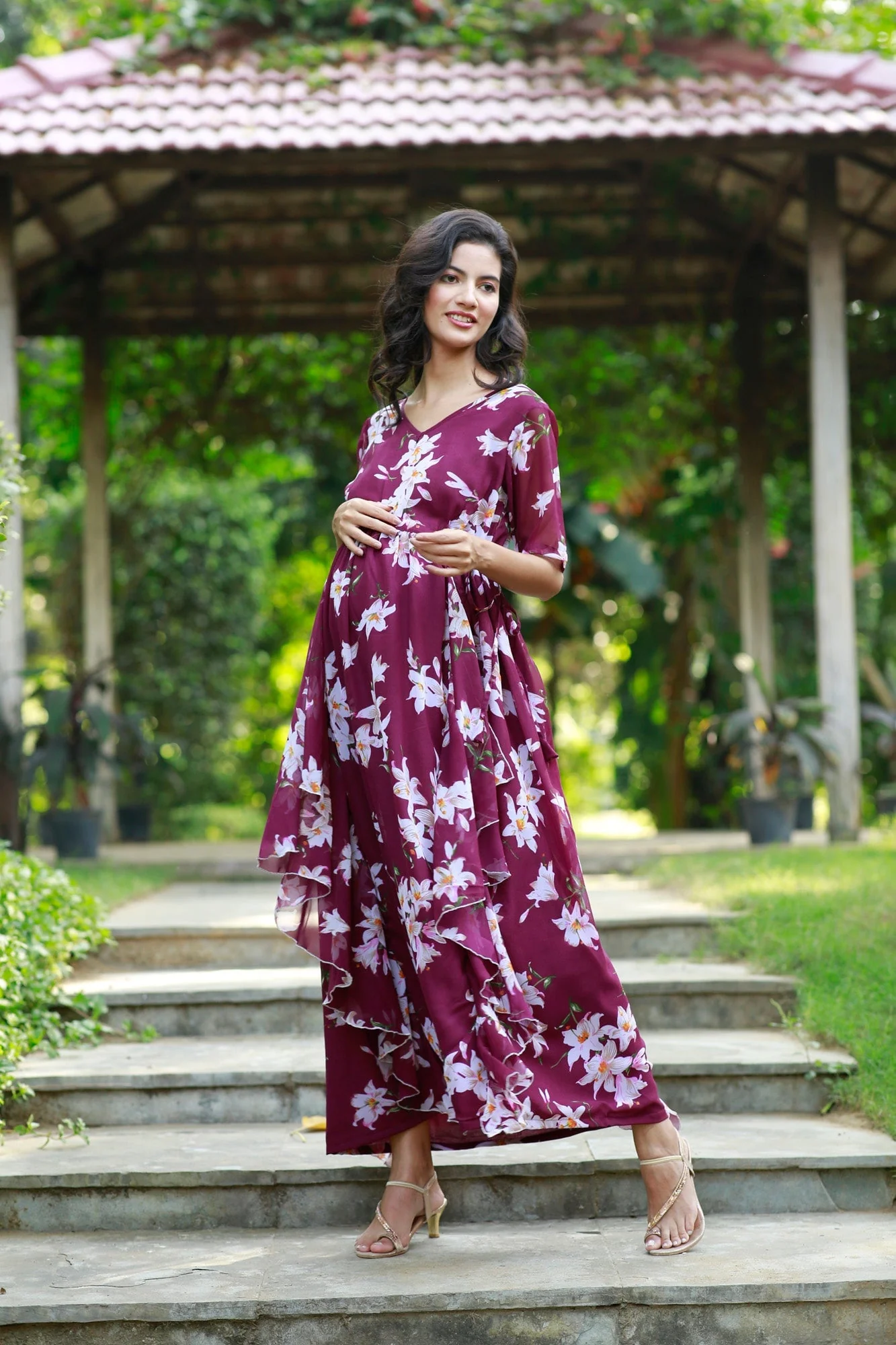 Eden Grape Wine Floral Maternity & Nursing Flow Dress - Chenance