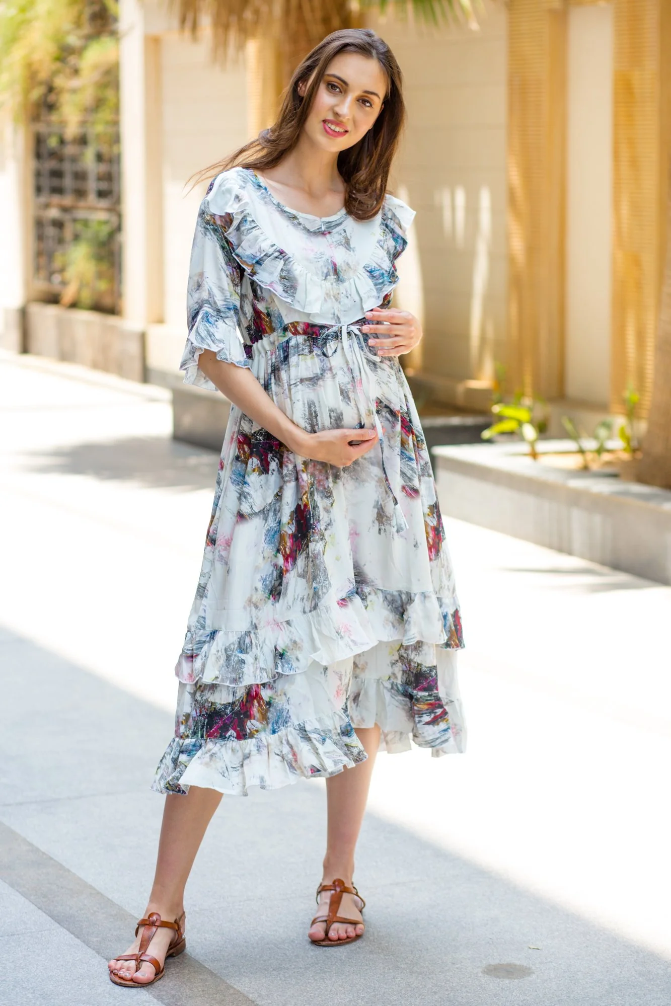 Abstract Front Frill Maternity & Nursing Midi Dress - Chenance