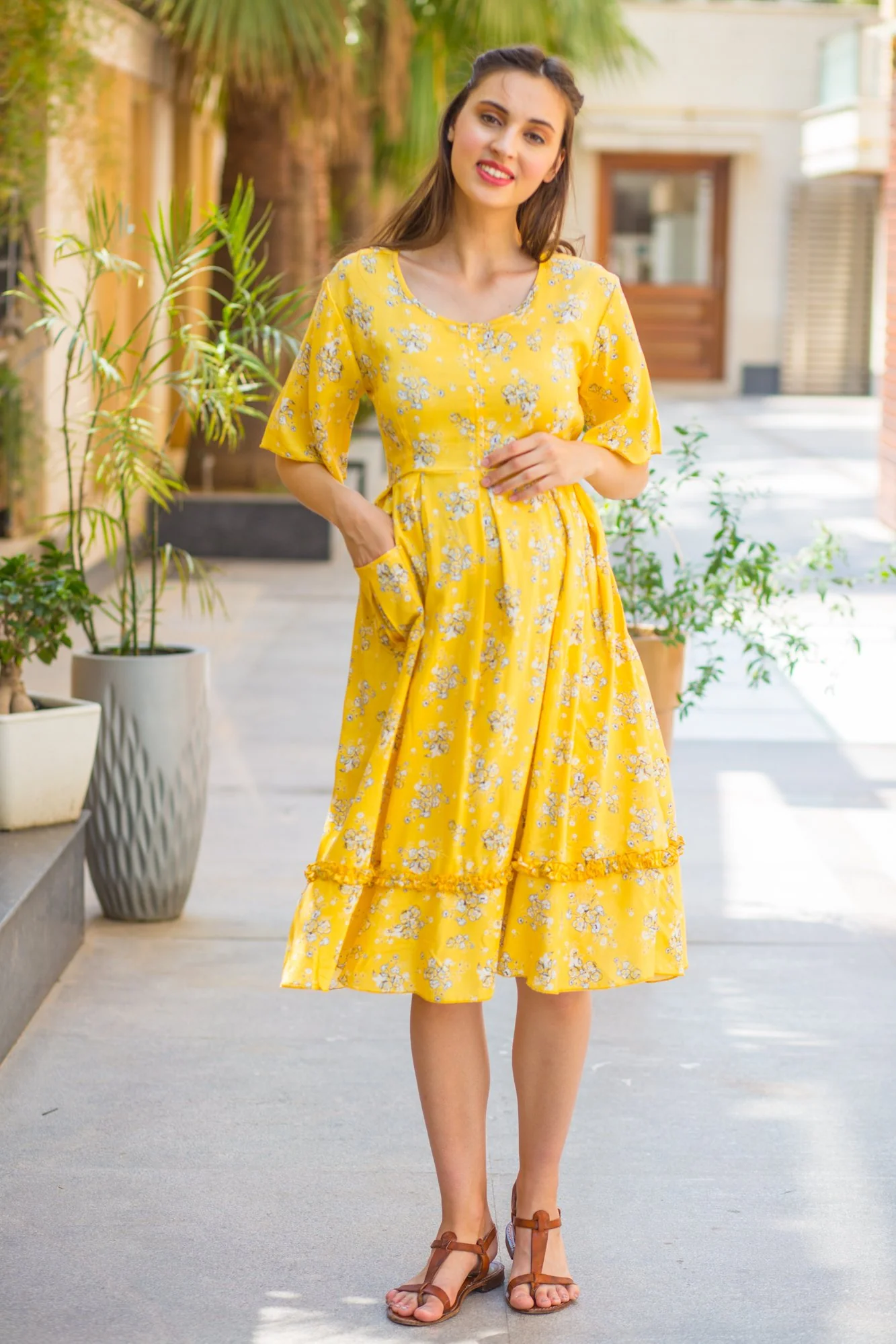 Sunshine Yellow Front Zip Maternity & Nursing Frill Dress - Chenance