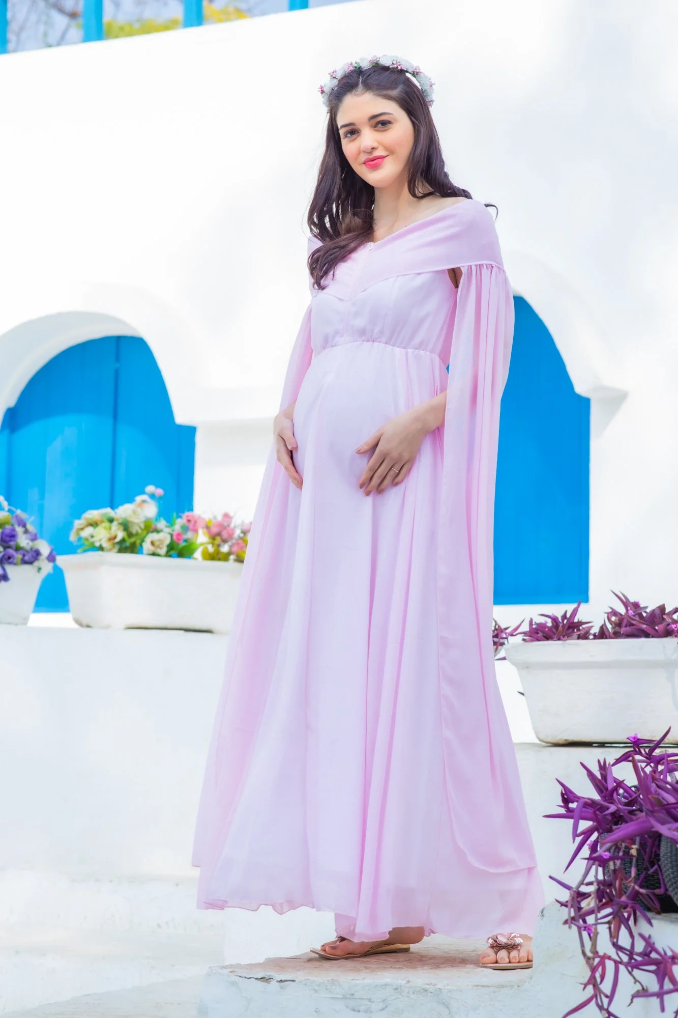 Baby Pink Shimmer Flying Sleeves Maternity Dress - Chenance