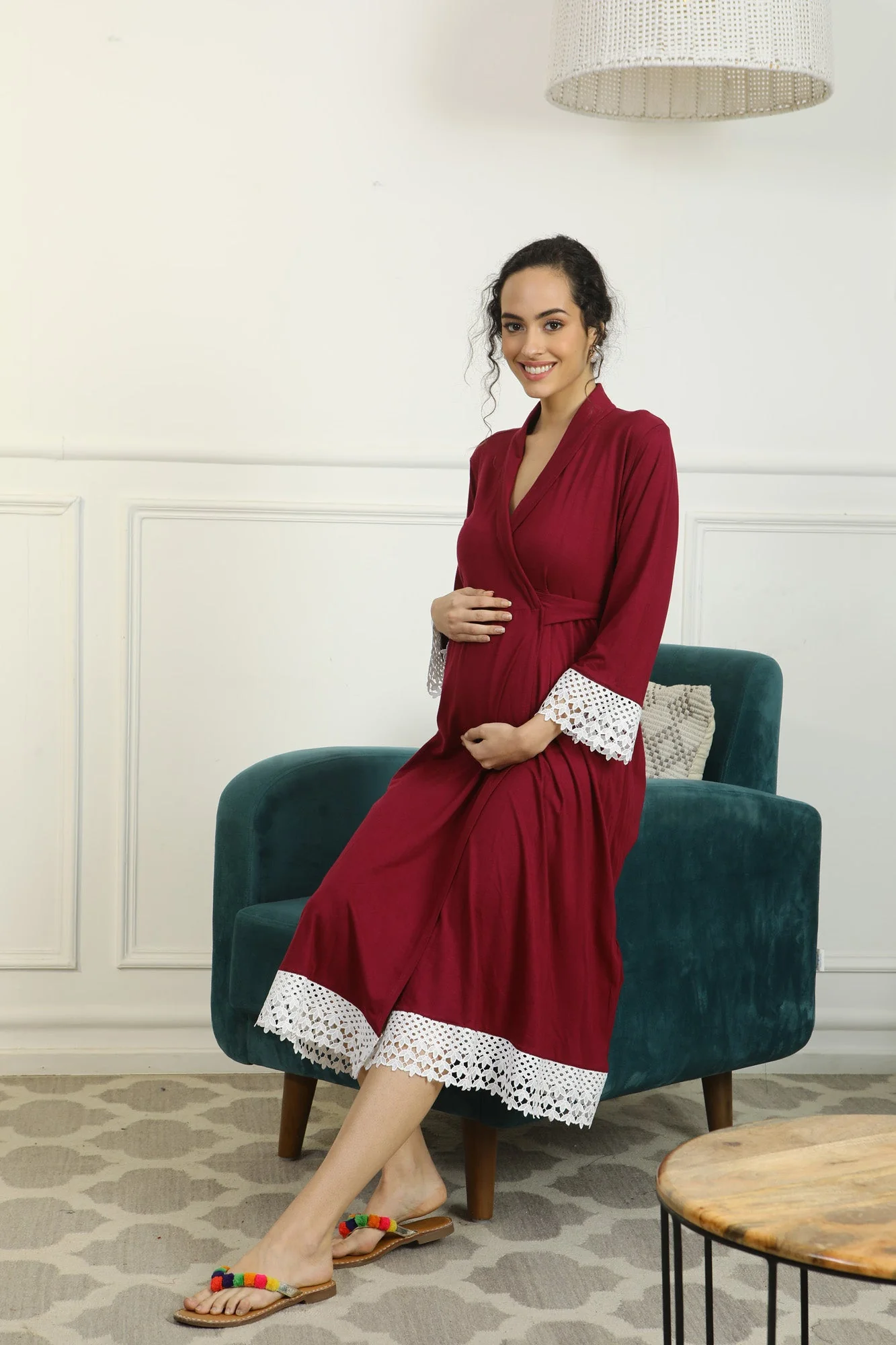 Vibrant Mulberry Lycra Maternity & Nursing Wrap Nightwear Dress/ Hospital Gown/ Delivery Robes - Chenance