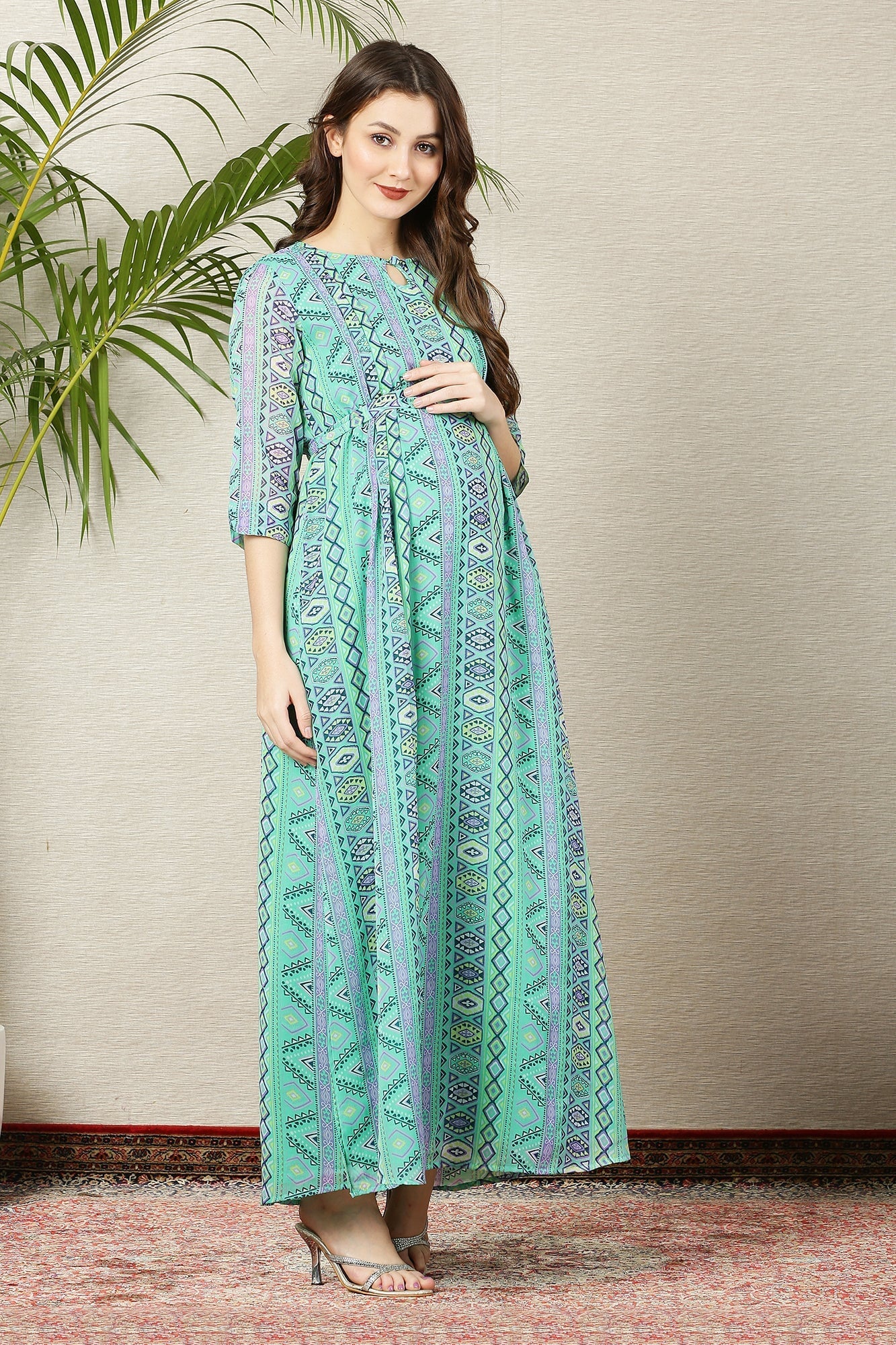 Apple Green Floral Side Slit Maternity & Nursing Dress - Chenance