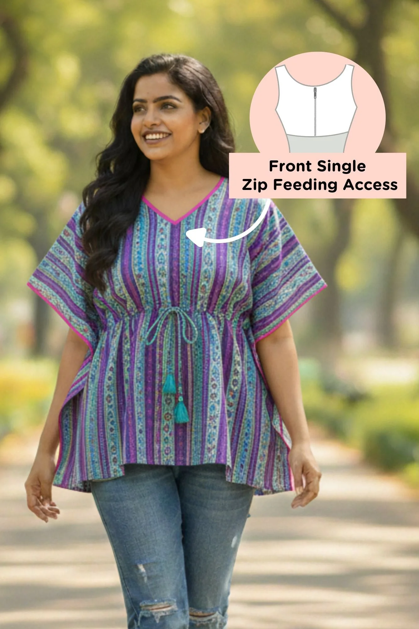 Blue Striped Maternity & Nursing Kaftan Top (100% Cotton) - Chenance